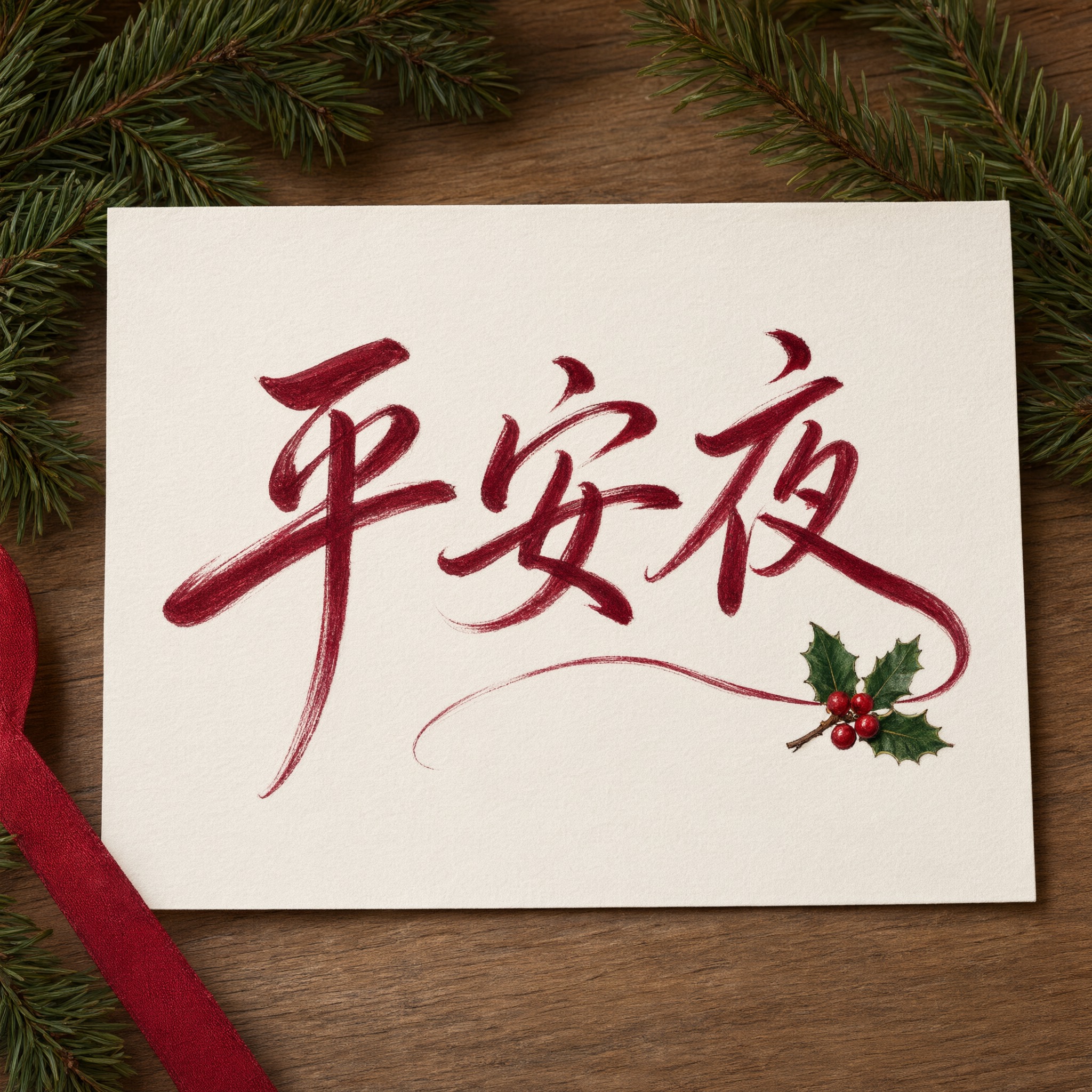 圣诞花体字 AI 字体在 Qwen-Image 上的生成结果：文字 平安夜