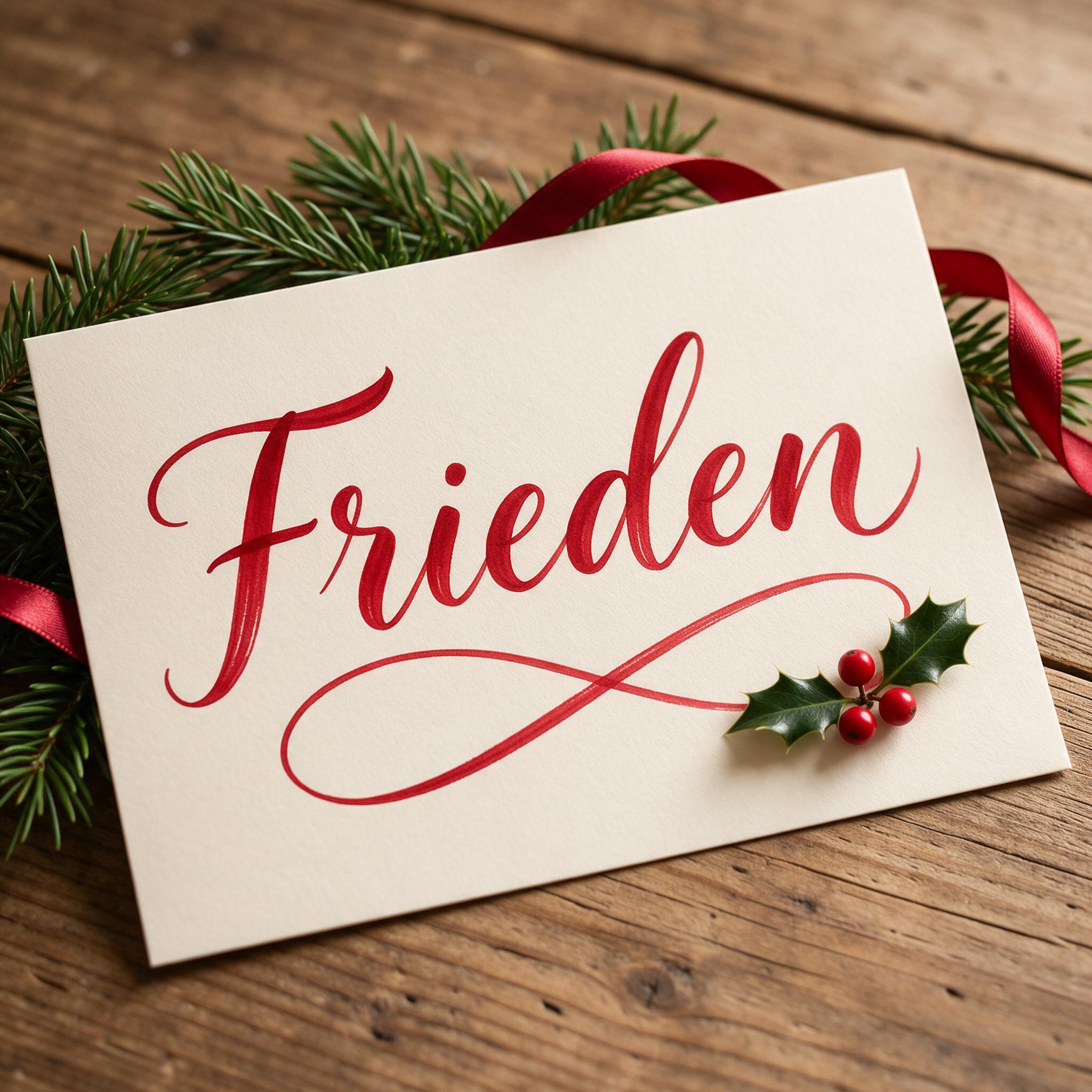 Weihnachtliche Schreibschrift KI-Schrift, erstellt mit Seedream: das Wort Frieden