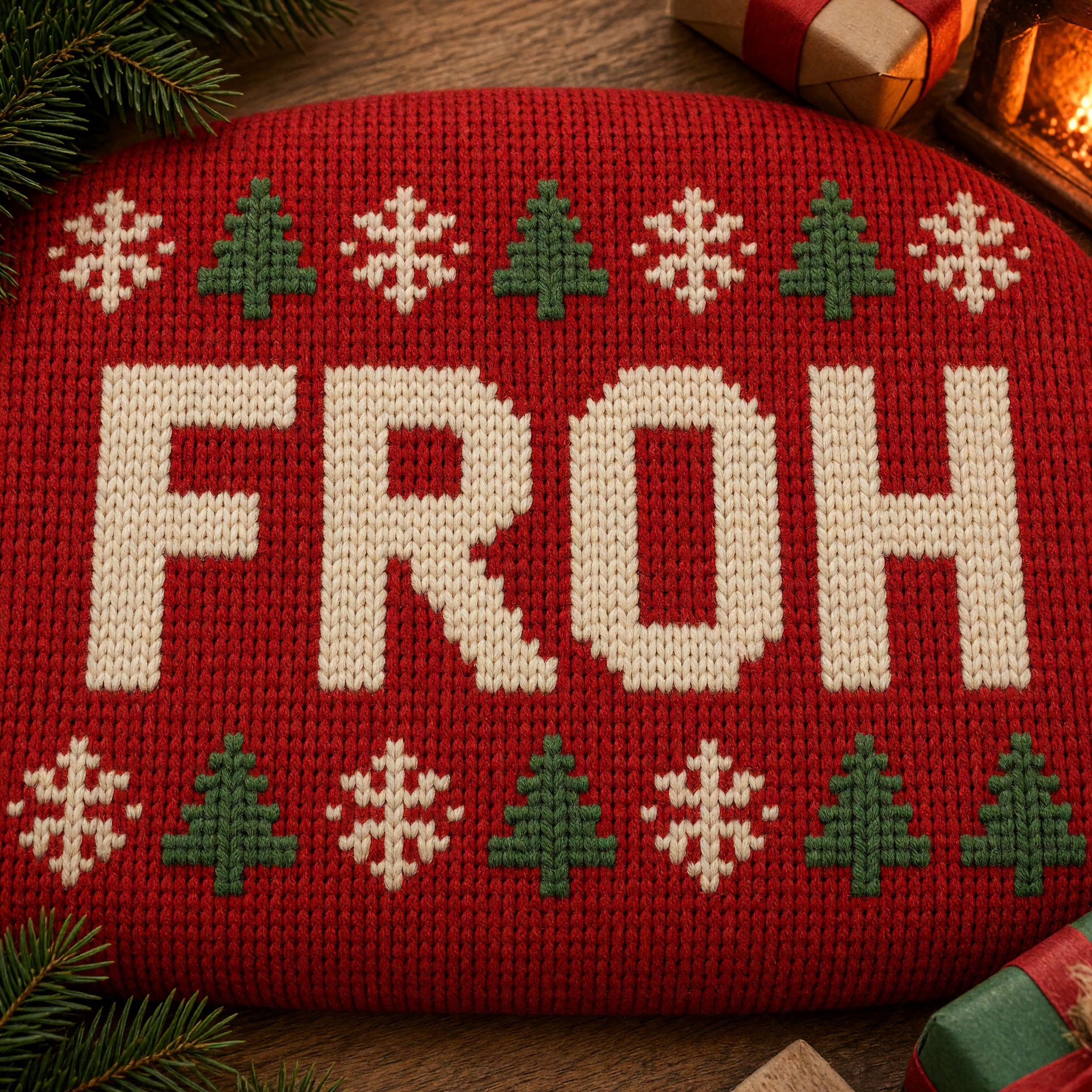 Weihnachtspullover-Schrift KI-Schrift, erstellt mit Grok Imagine: das Wort FROH