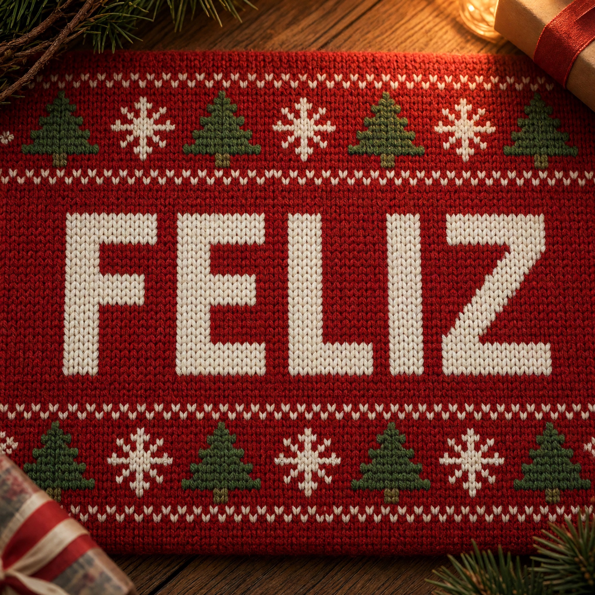 Fuente de IA Letras de suéter navideño generada con Grok Imagine: la palabra FELIZ