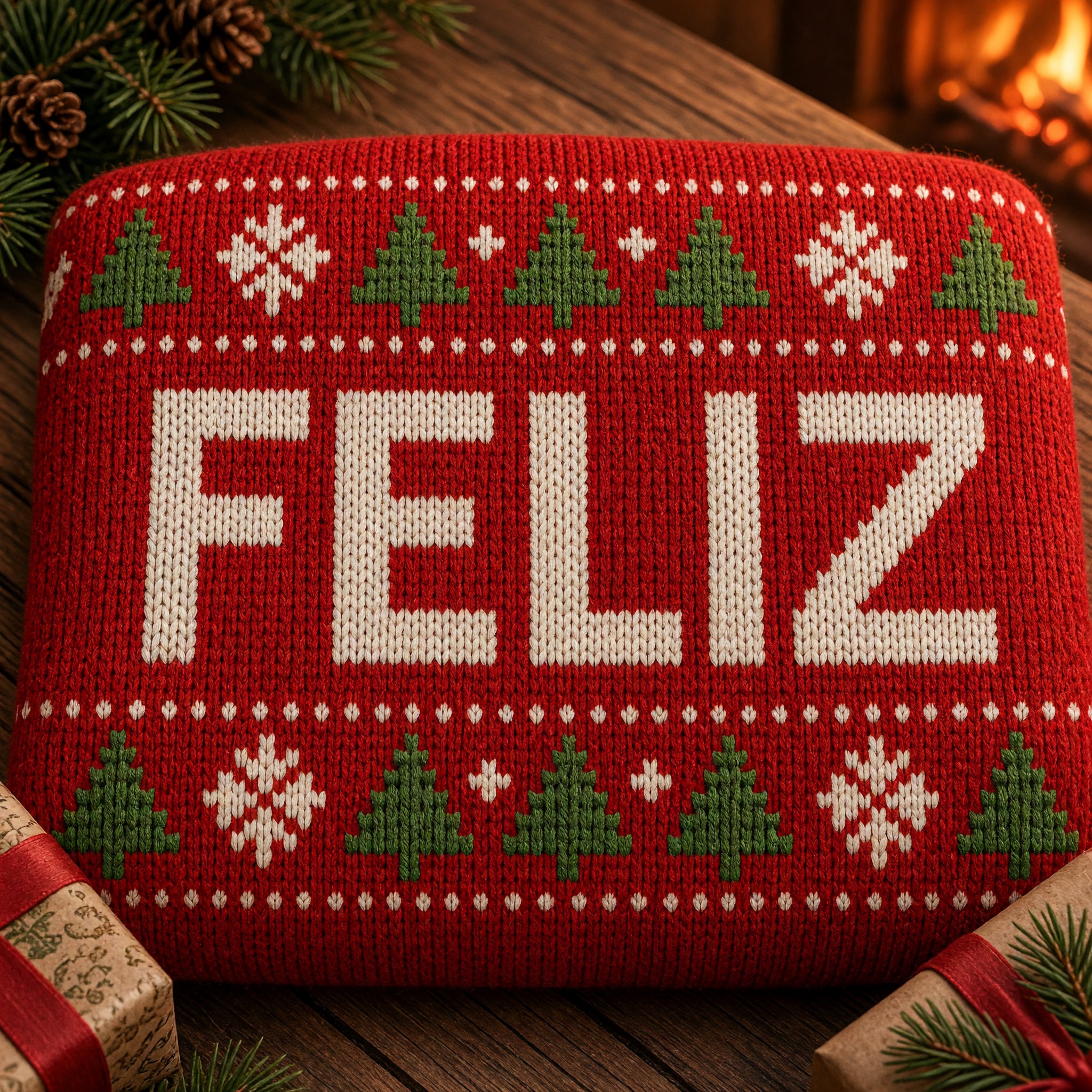 Fonte de IA Letras de suéter de Natal gerada no Grok Imagine: a palavra FELIZ