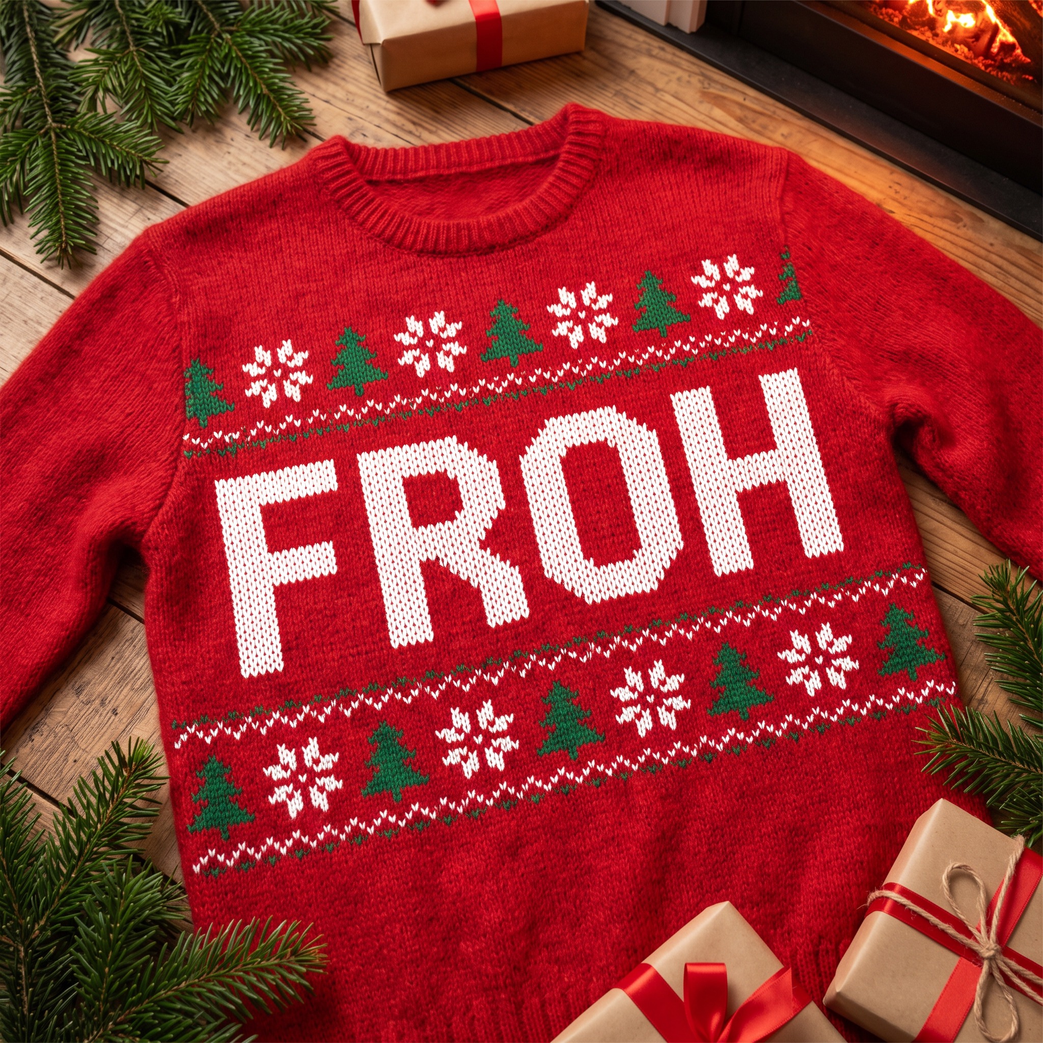 Weihnachtspullover-Schrift KI-Schrift, erstellt mit Nano Banana: das Wort FROH
