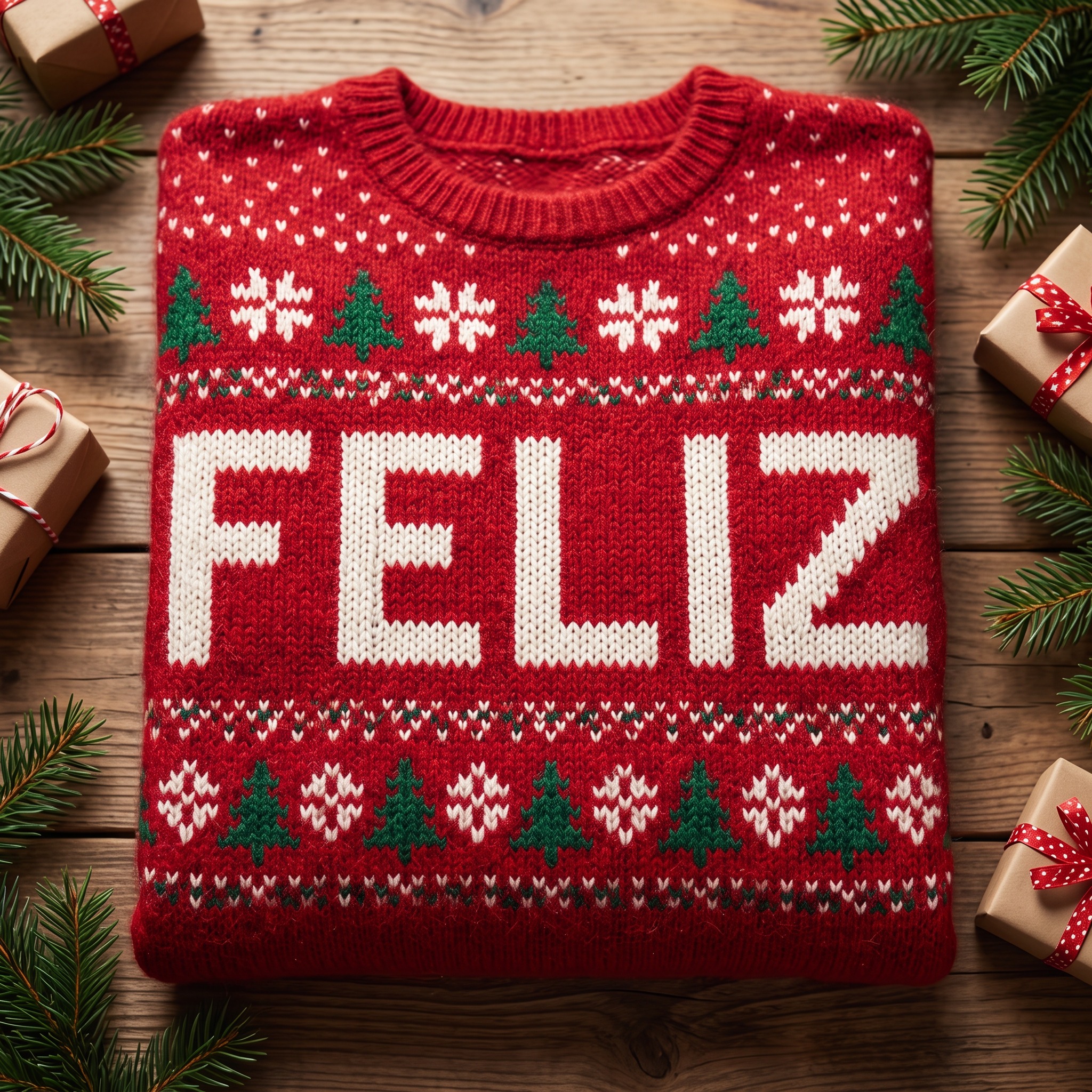Fuente de IA Letras de suéter navideño generada con Nano Banana: la palabra FELIZ