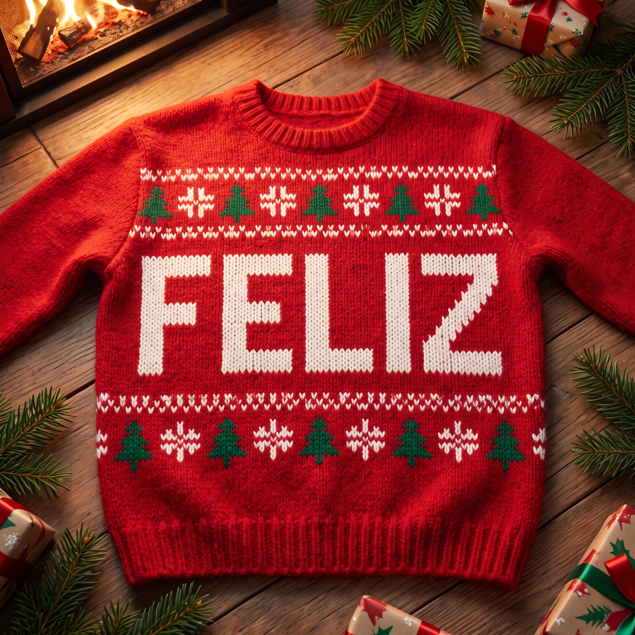 Fonte de IA Letras de suéter de Natal gerada no Nano Banana: a palavra FELIZ