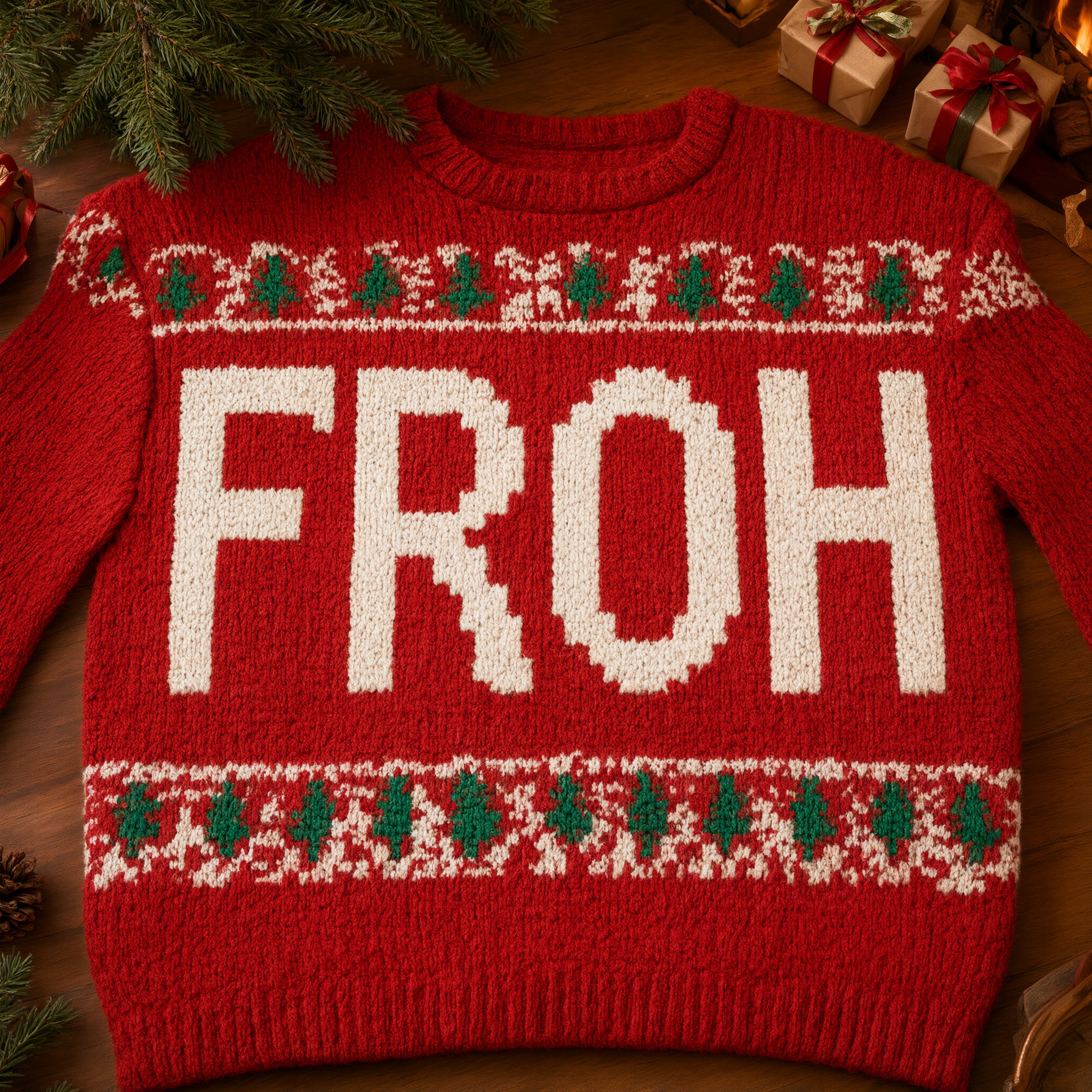 Weihnachtspullover-Schrift KI-Schrift, erstellt mit Qwen-Image: das Wort FROH
