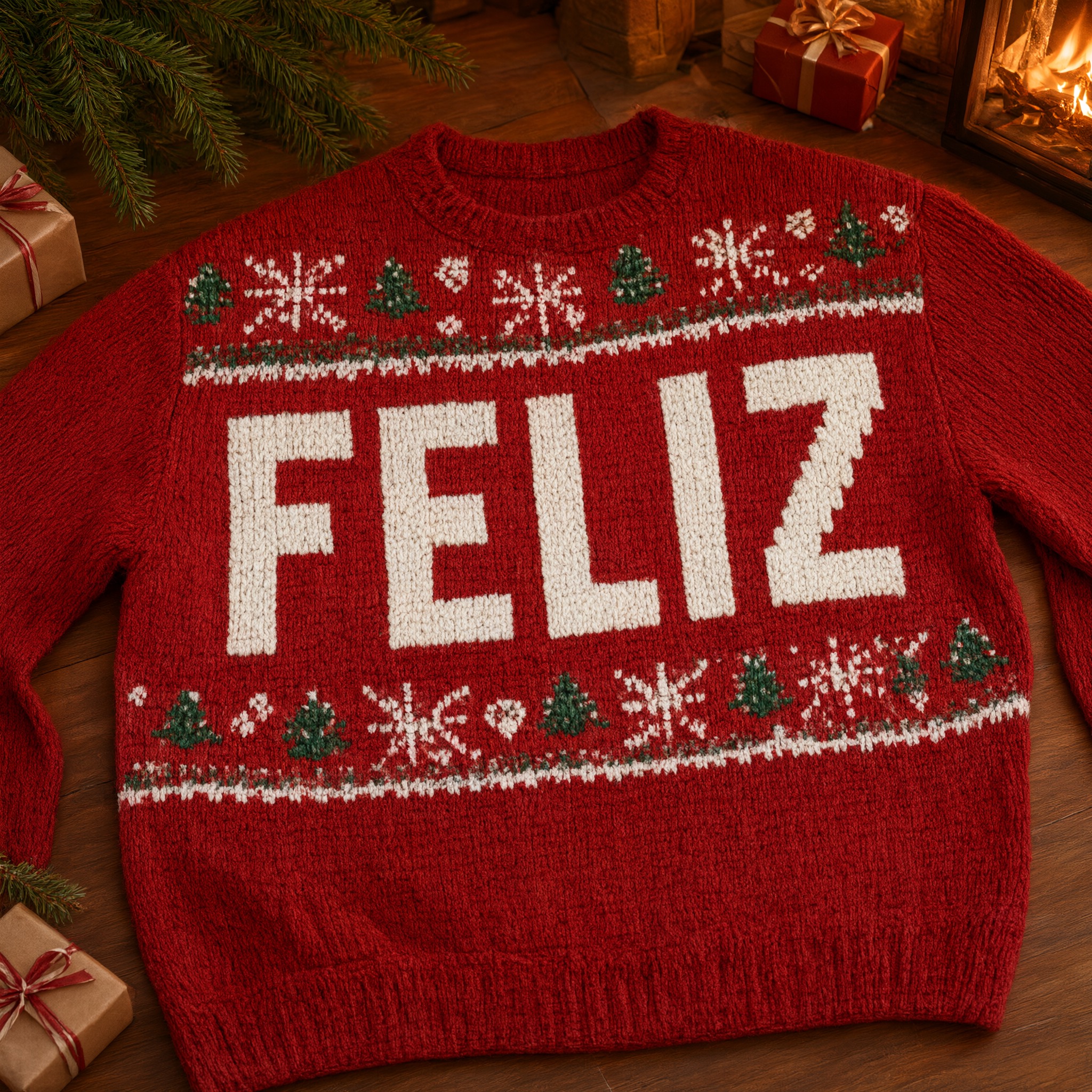 Fuente de IA Letras de suéter navideño generada con Qwen-Image: la palabra FELIZ