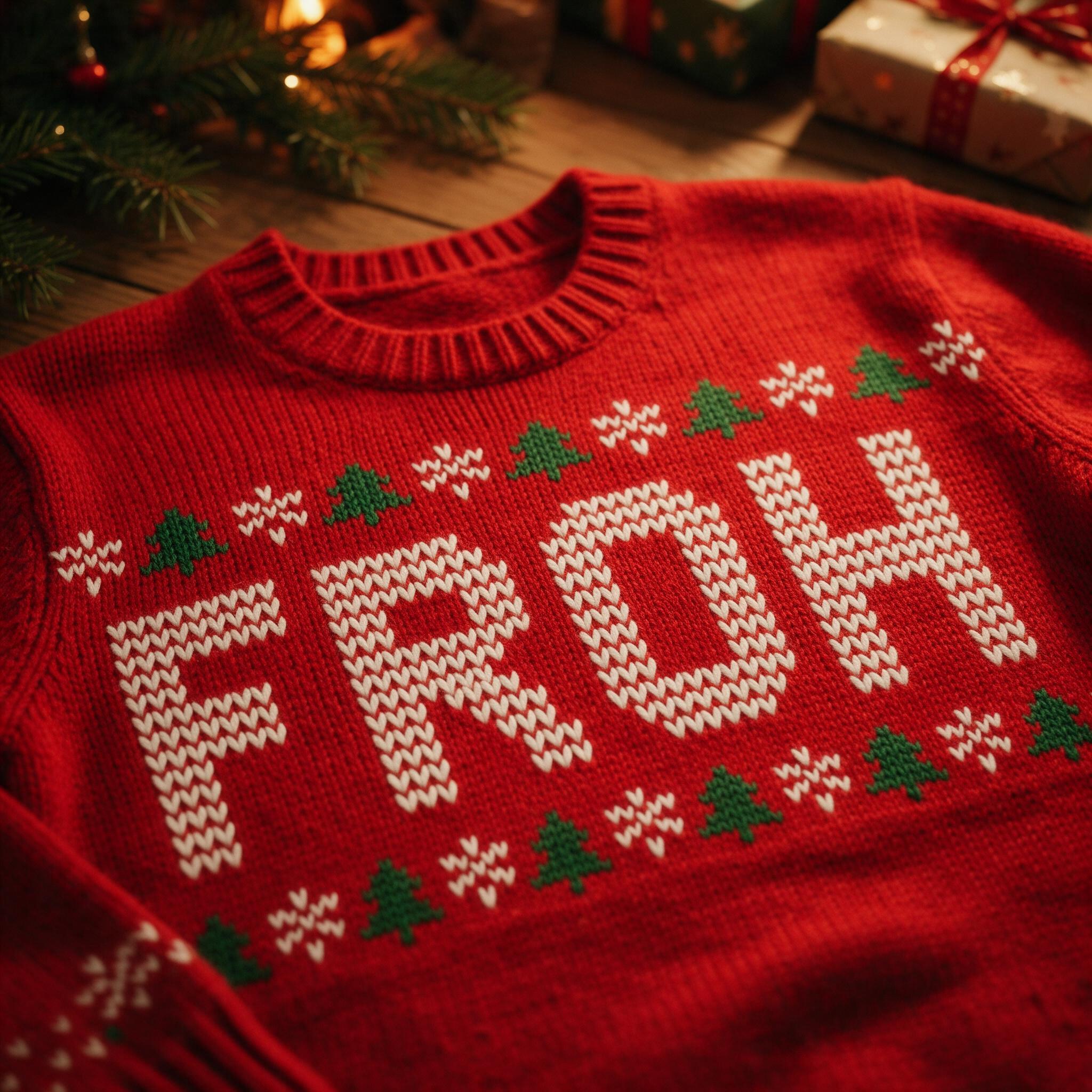 Weihnachtspullover-Schrift KI-Schrift, erstellt mit Seedream: das Wort FROH