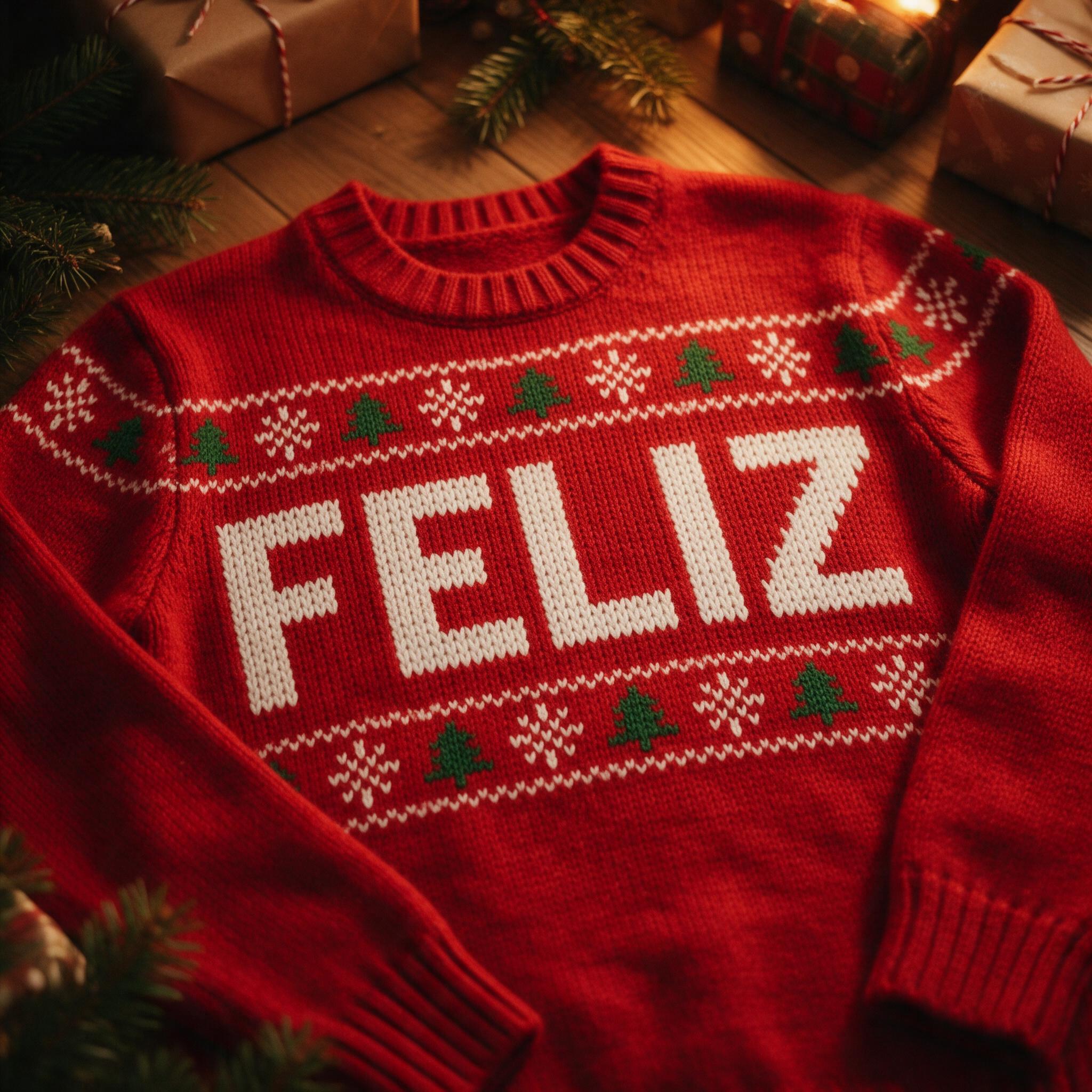 Fonte de IA Letras de suéter de Natal gerada no Seedream: a palavra FELIZ