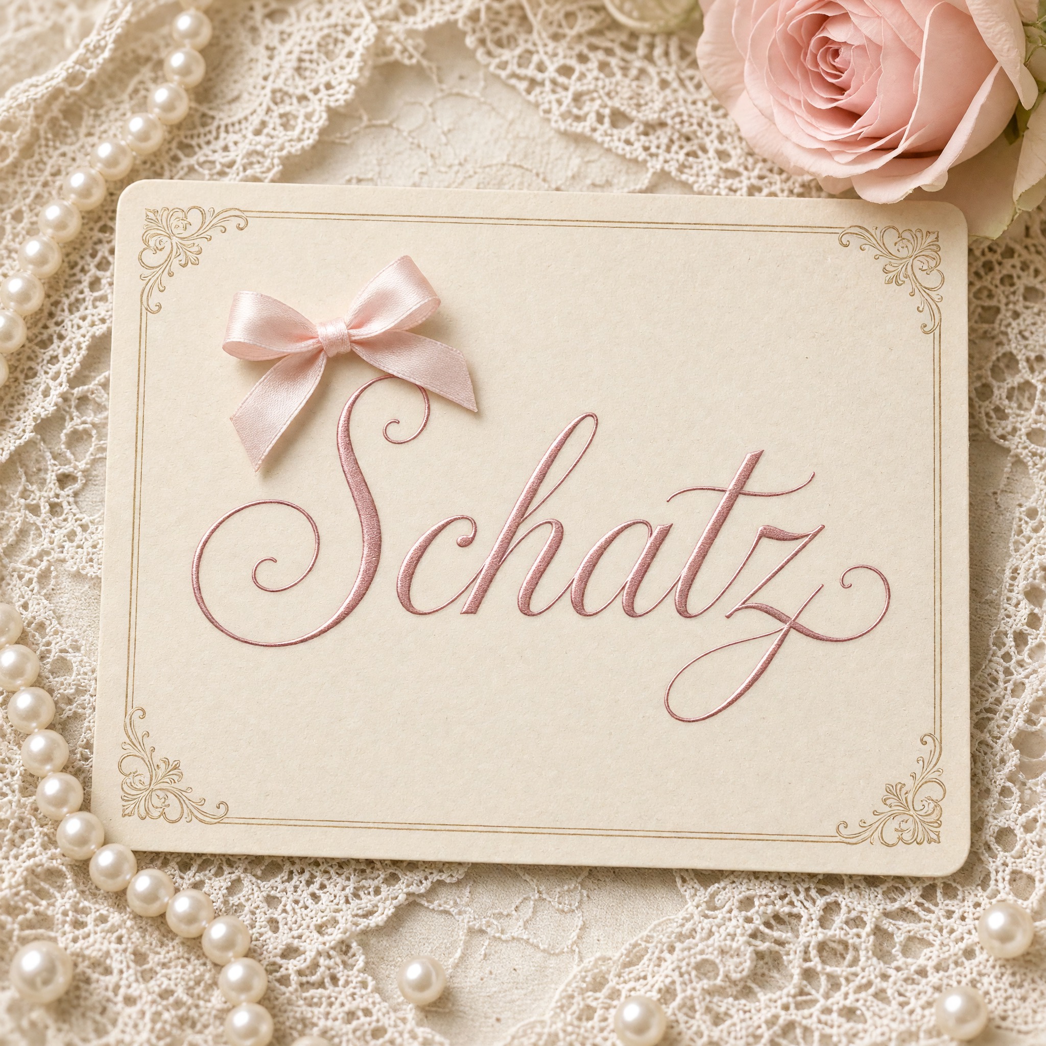 Coquette-Schrift KI-Schrift, erstellt mit Grok Imagine: das Wort Schatz