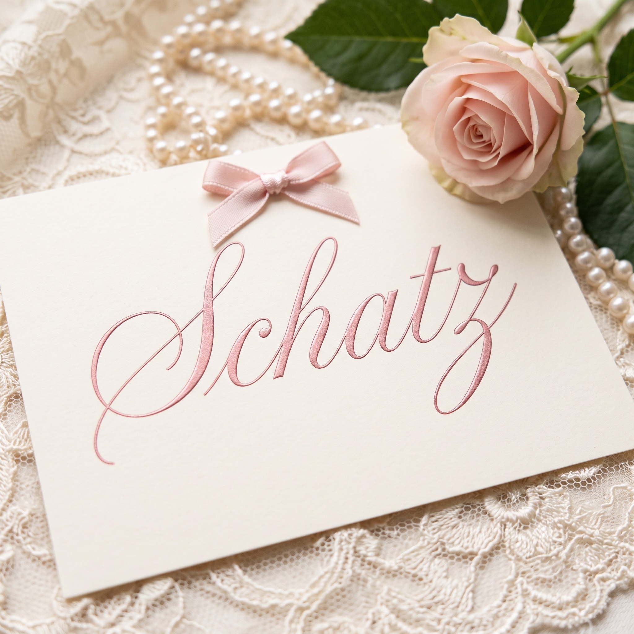 Coquette-Schrift KI-Schrift, erstellt mit Nano Banana: das Wort Schatz
