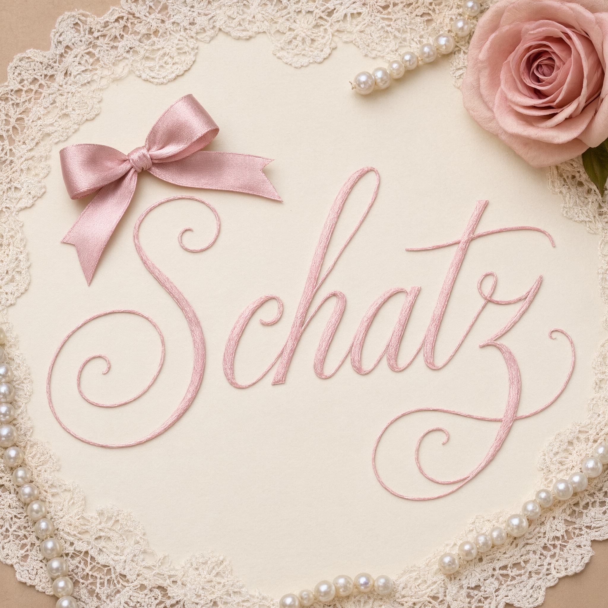 Coquette-Schrift KI-Schrift, erstellt mit Qwen-Image: das Wort Schatz
