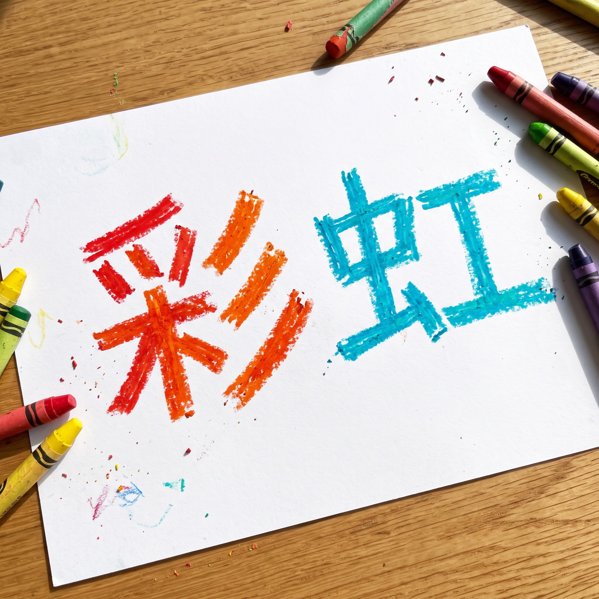 蜡笔字 AI 字体在 Nano Banana 上的生成结果：文字 彩虹