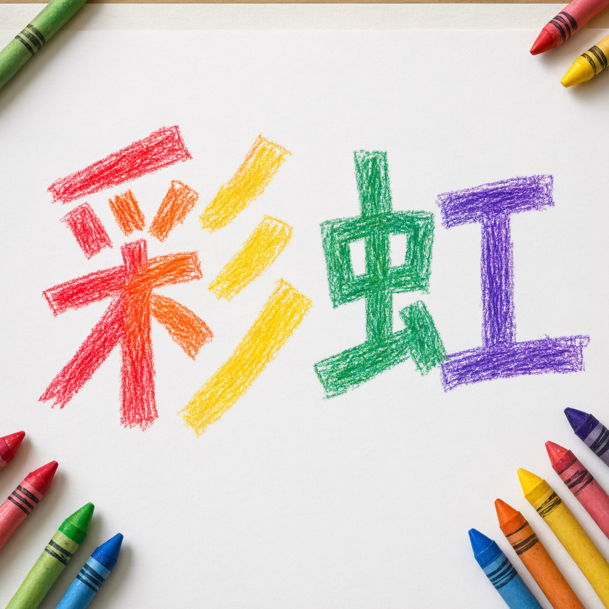 蜡笔字 AI 字体在 Qwen-Image 上的生成结果：文字 彩虹