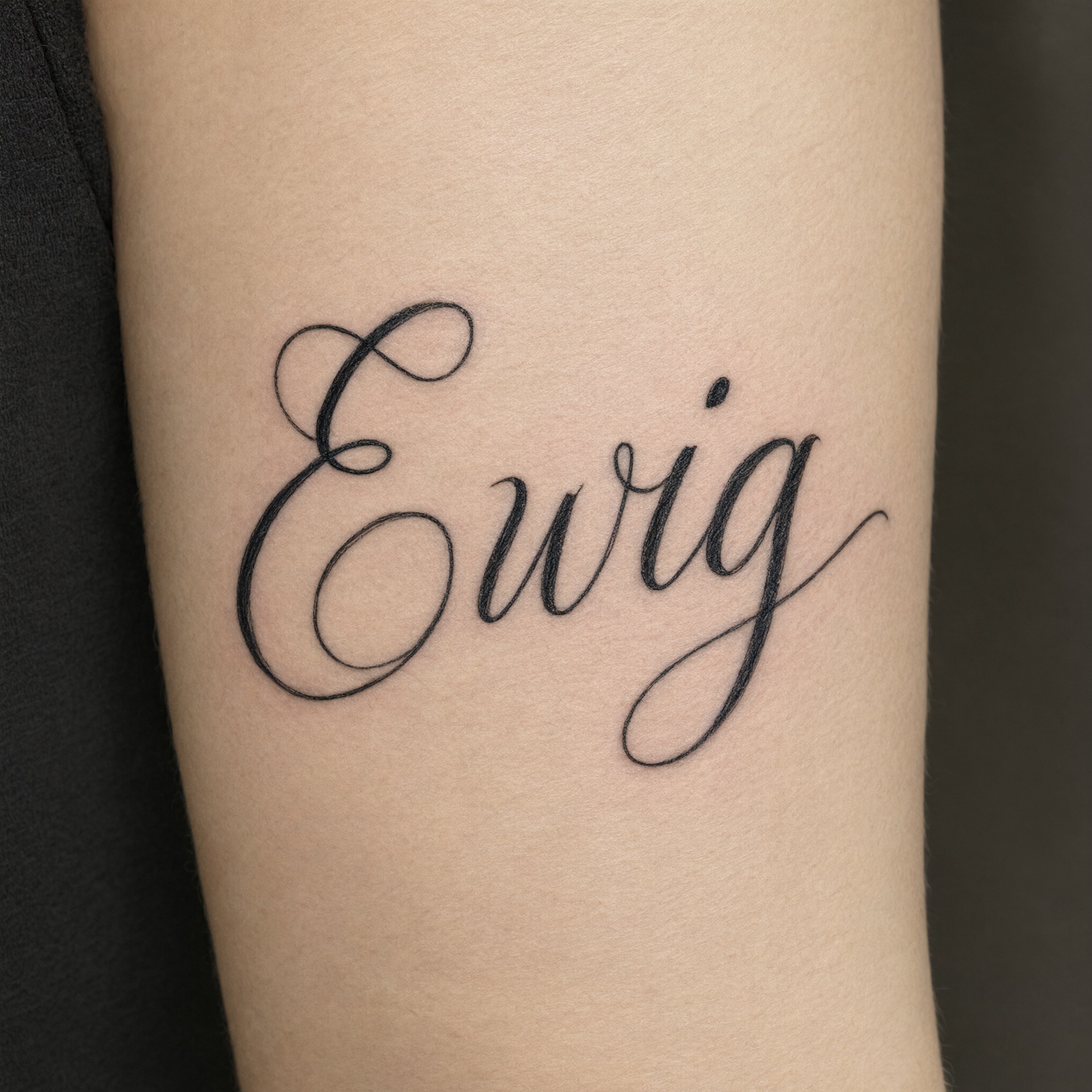 Tattoo-Schreibschrift KI-Schrift, erstellt mit Qwen-Image: das Wort Ewig