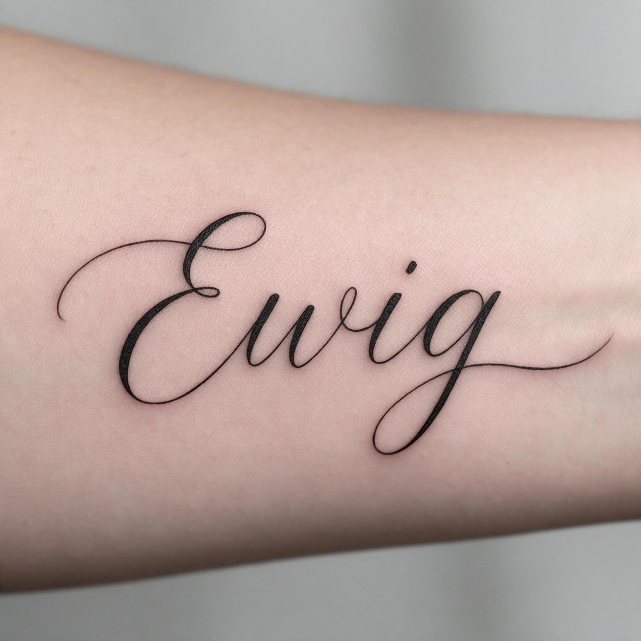 Tattoo-Schreibschrift KI-Schrift, erstellt mit Seedream: das Wort Ewig