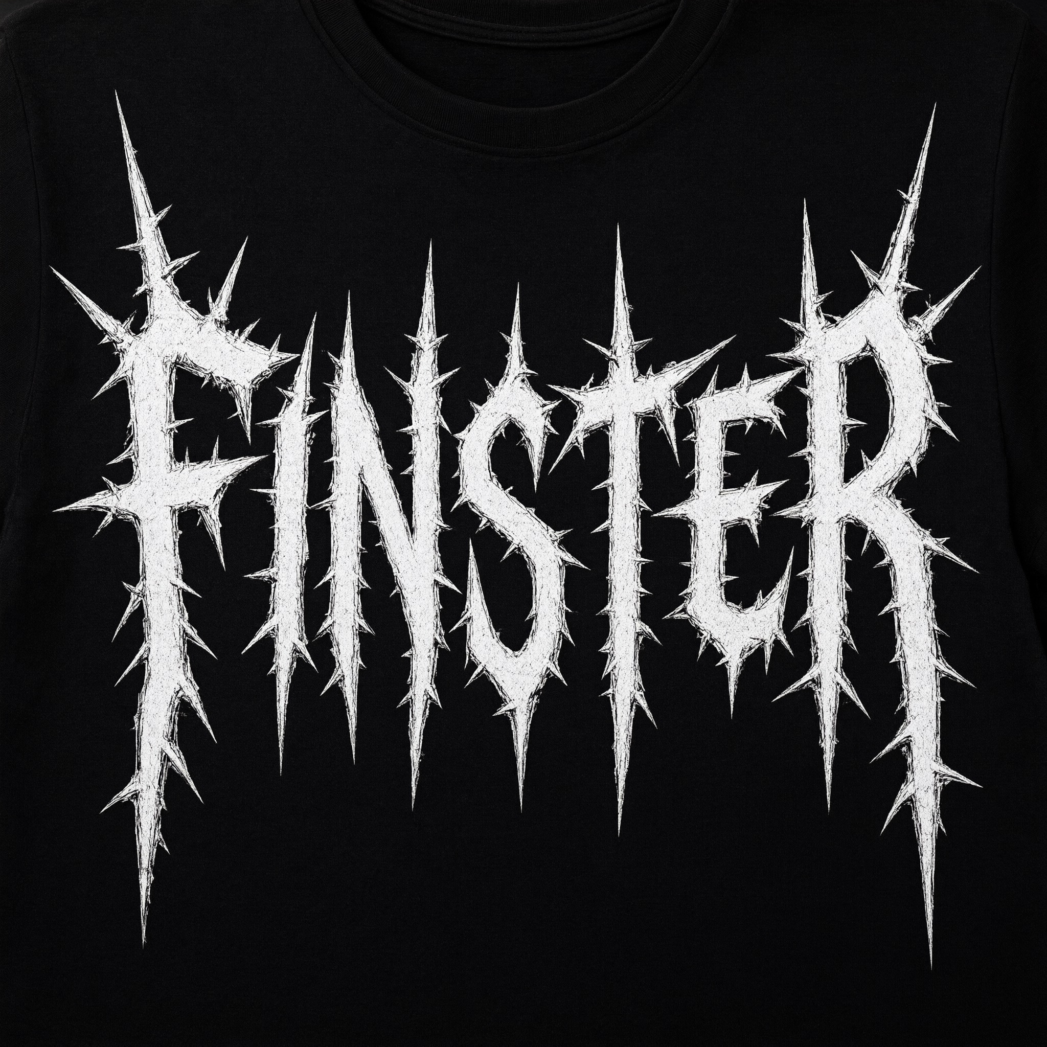 Death-Metal-Schrift KI-Schrift, erstellt mit Qwen-Image: das Wort FINSTER