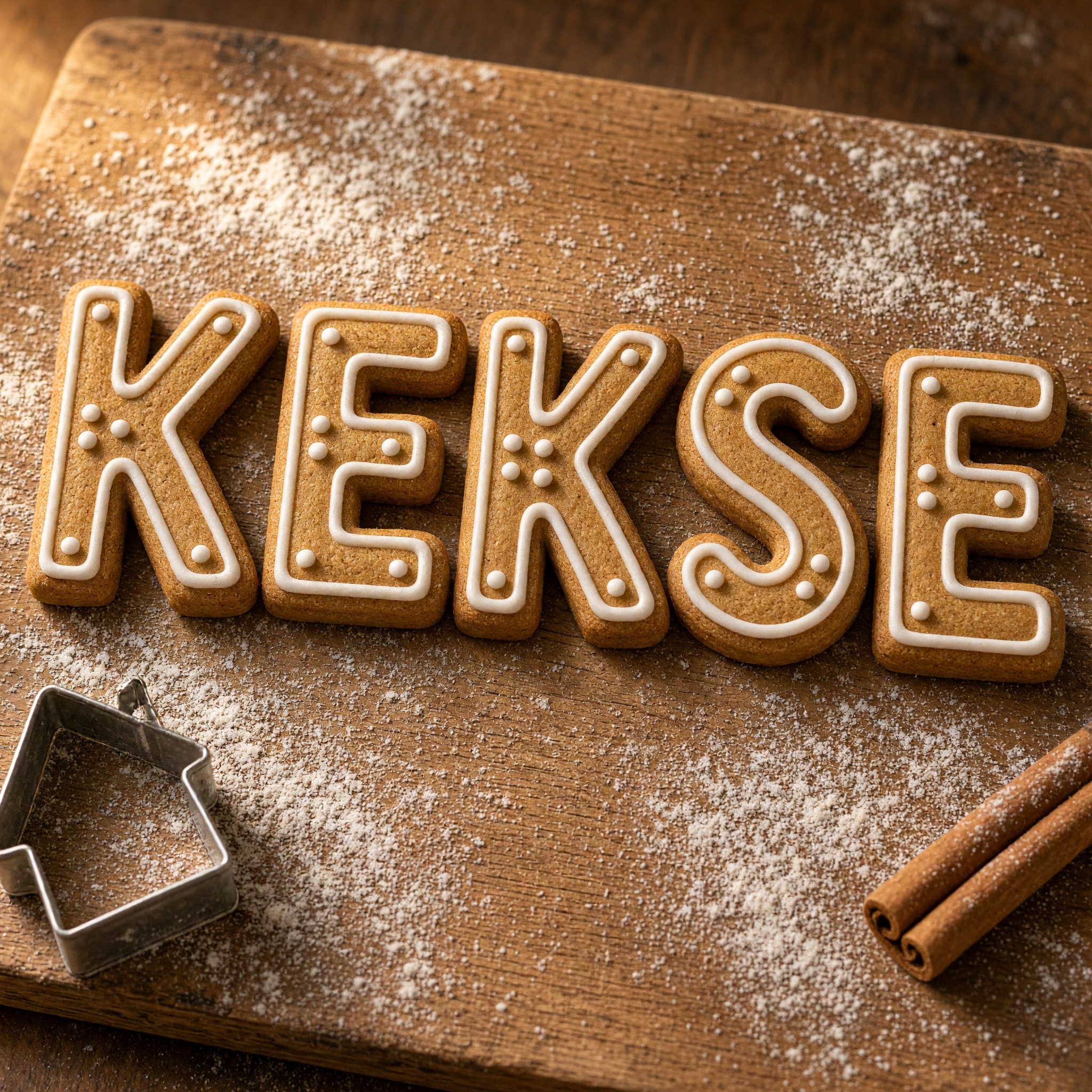 Lebkuchen-Schrift KI-Schrift, erstellt mit Grok Imagine: das Wort KEKSE