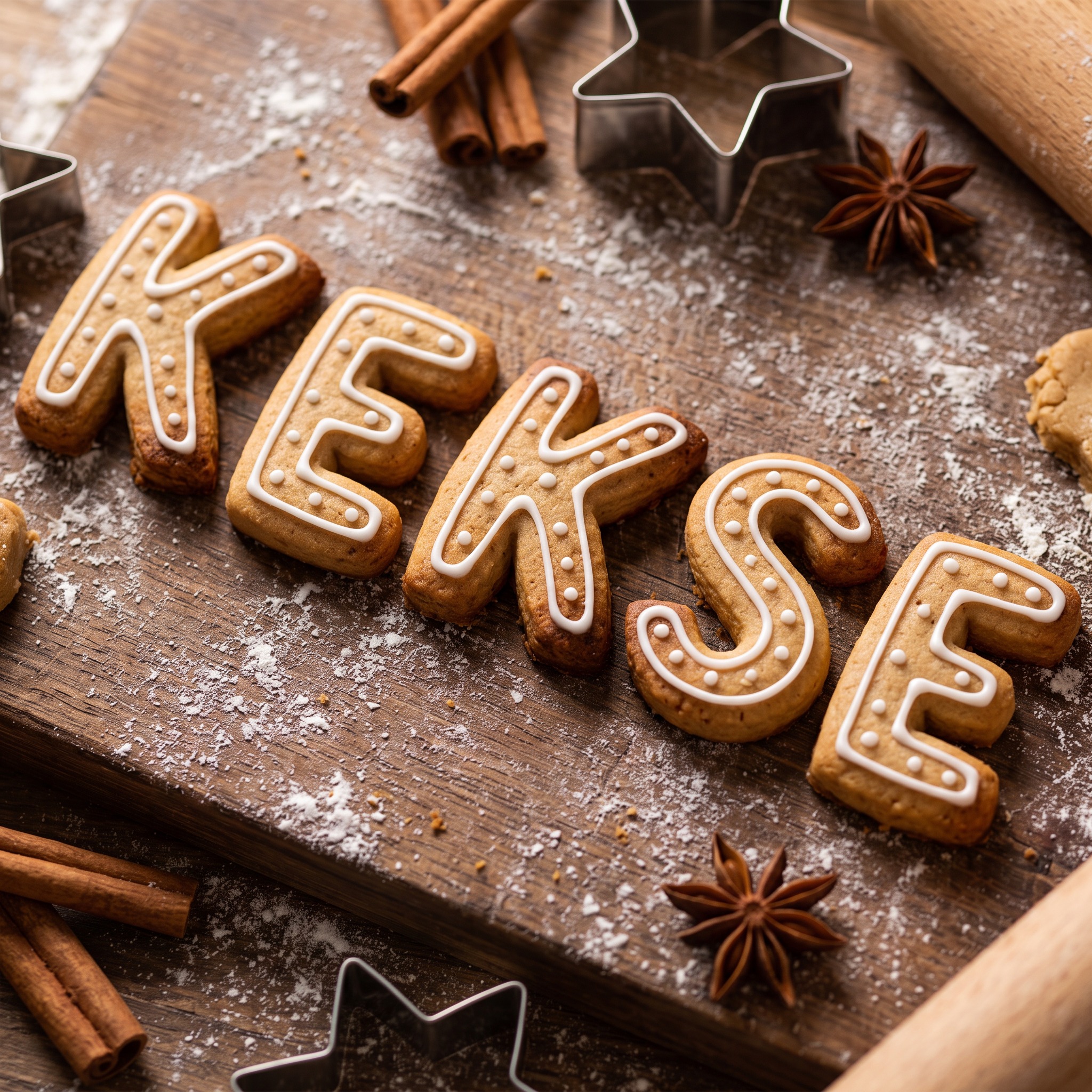 Lebkuchen-Schrift KI-Schrift, erstellt mit Nano Banana: das Wort KEKSE