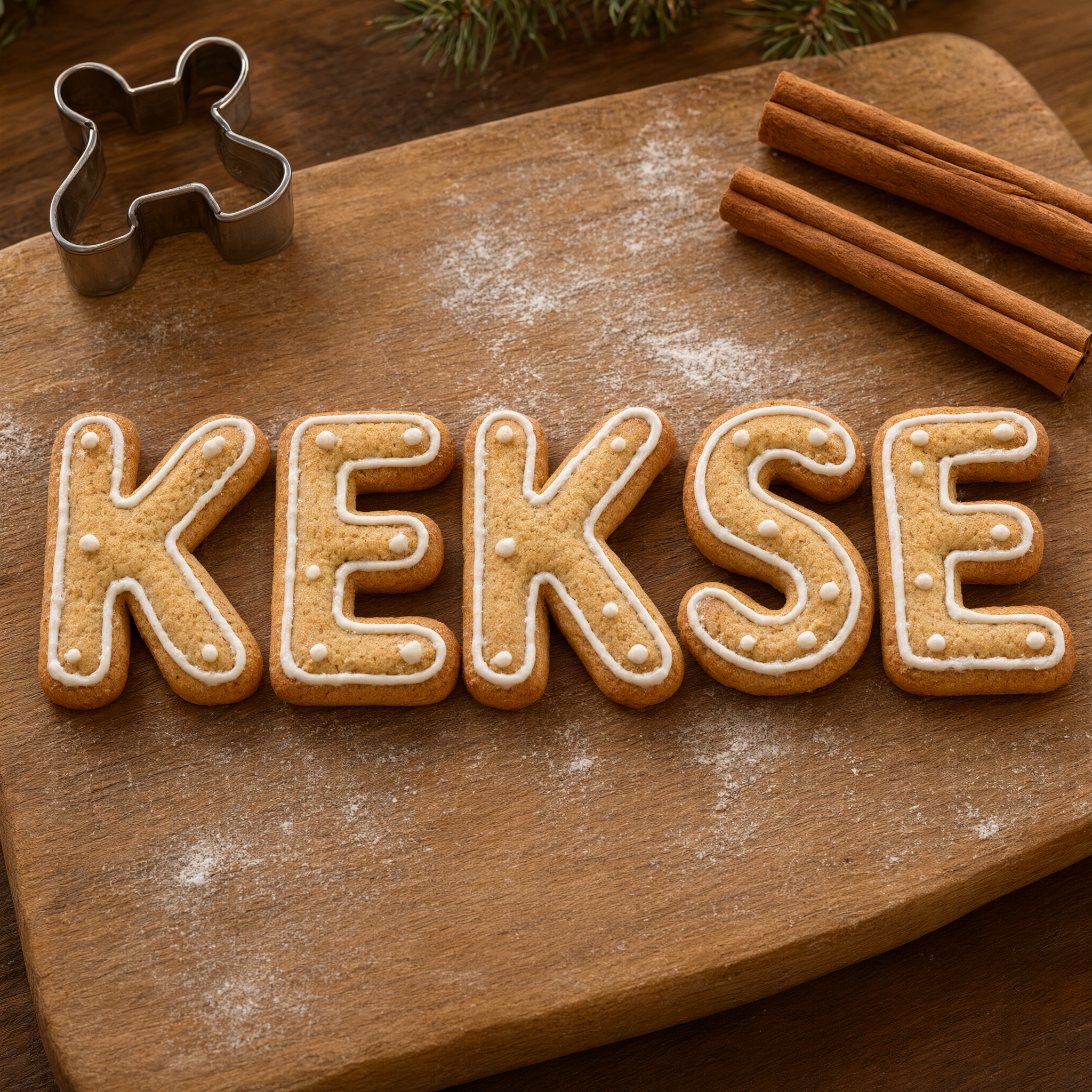 Lebkuchen-Schrift KI-Schrift, erstellt mit Qwen-Image: das Wort KEKSE