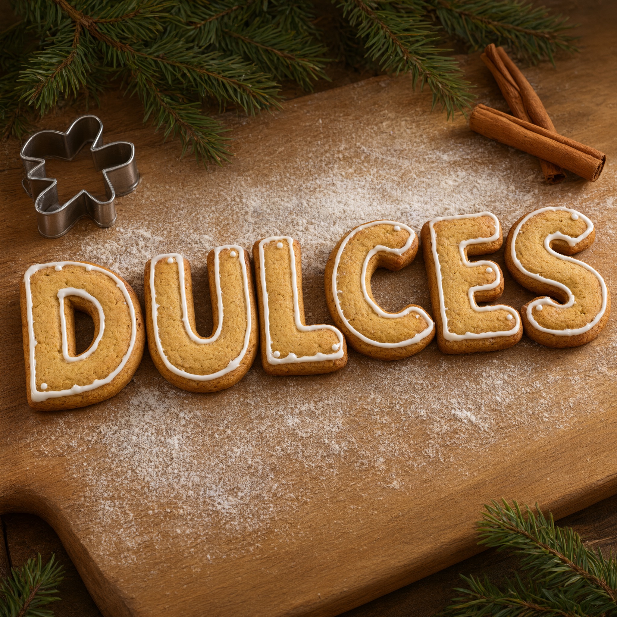 Fuente de IA Letras de galleta de jengibre generada con Qwen-Image: la palabra DULCES