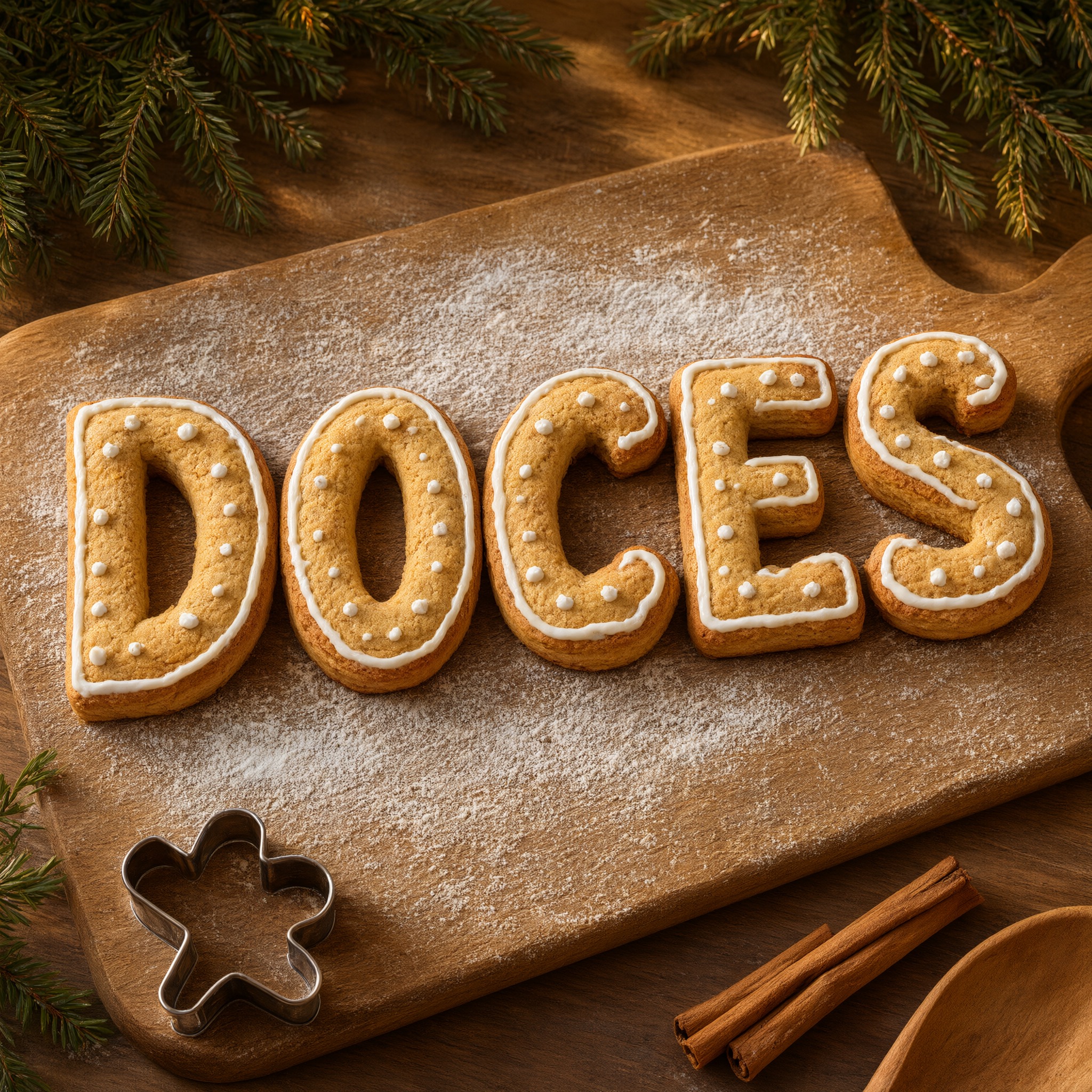 Fonte de IA Letras de biscoito de gengibre gerada no Qwen-Image: a palavra DOCES