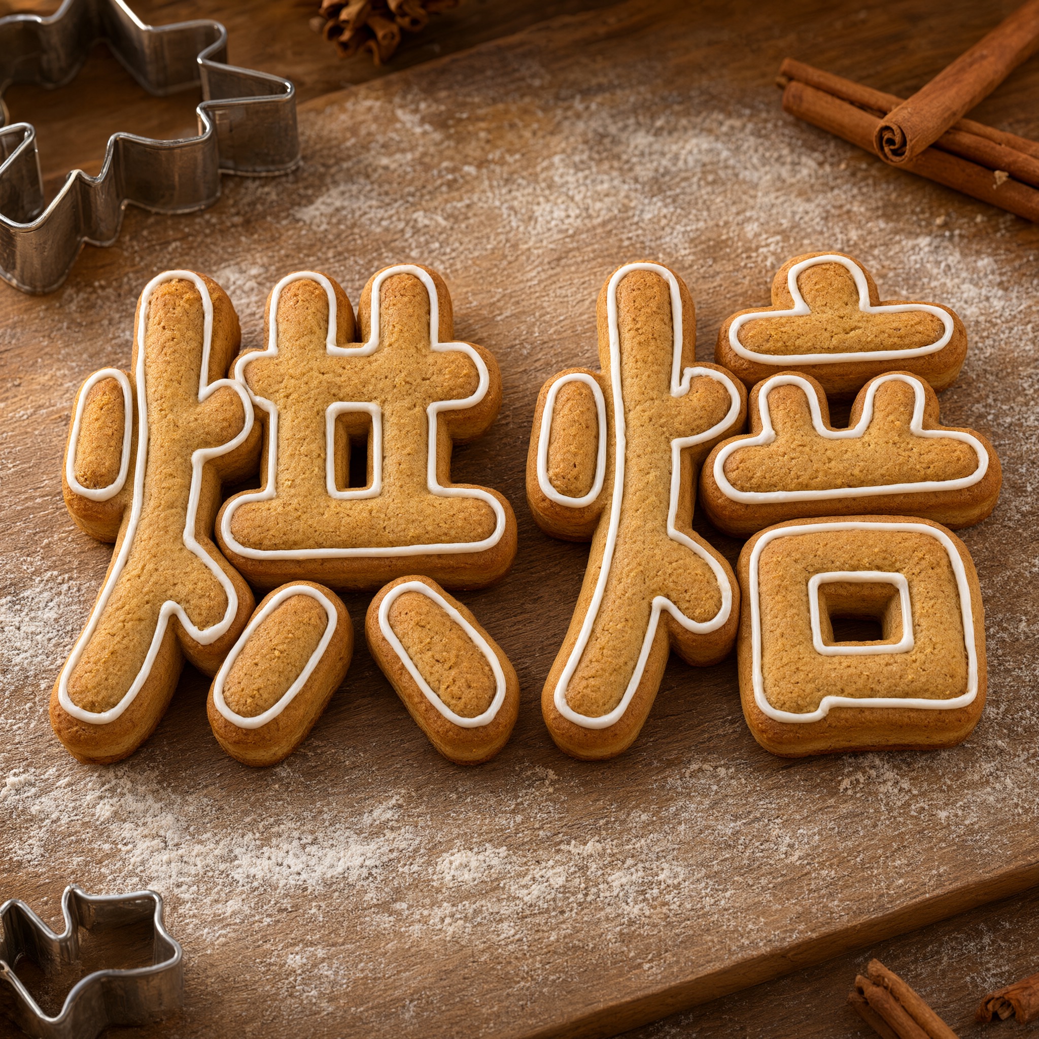 姜饼字体 AI 字体在 Qwen-Image 上的生成结果:文字 烘焙