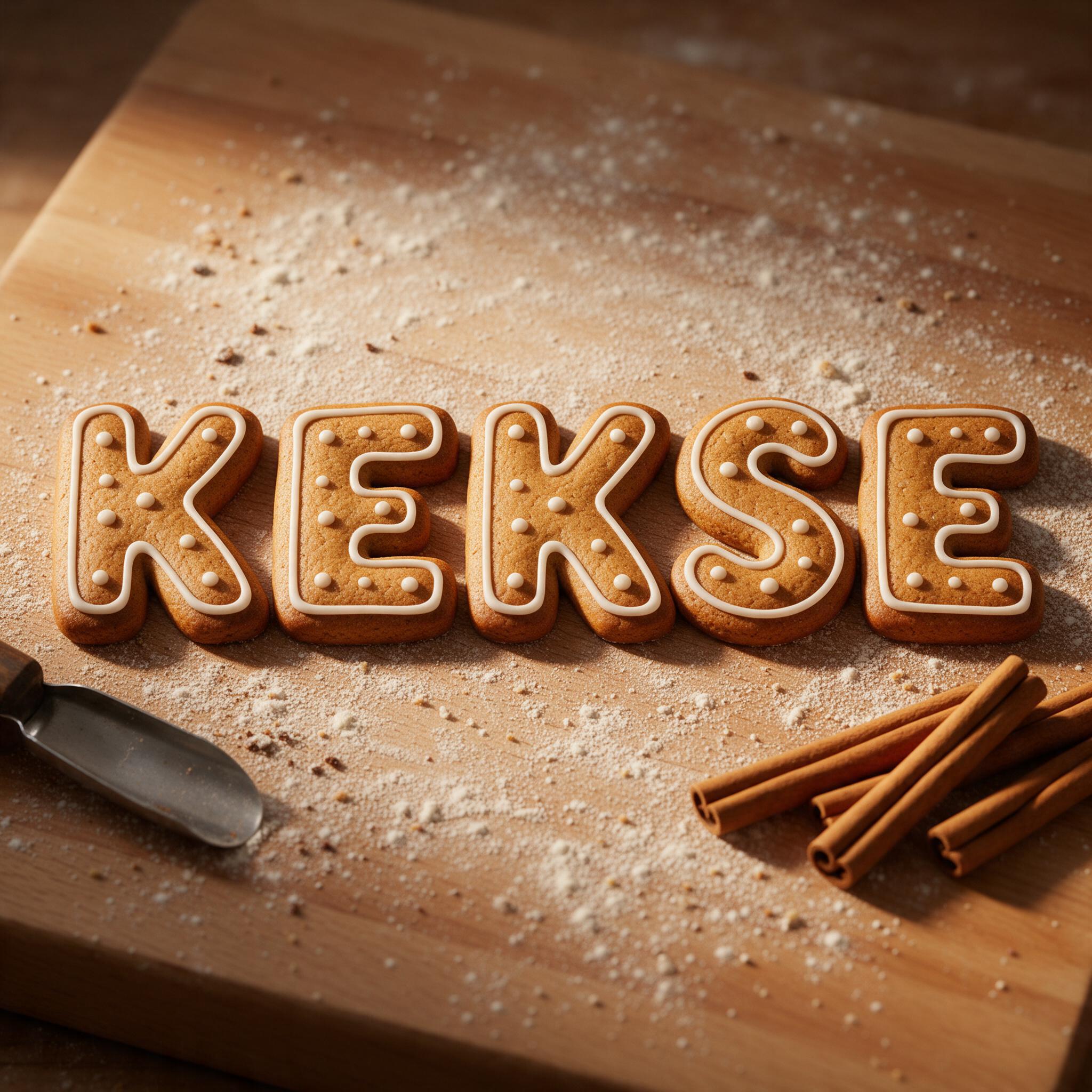 Lebkuchen-Schrift KI-Schrift, erstellt mit Seedream: das Wort KEKSE