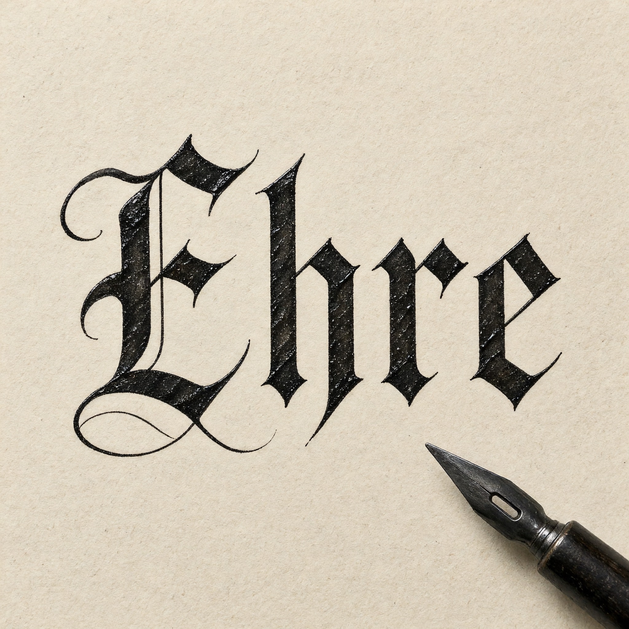 Gotische Kalligraphie KI-Schrift, erstellt mit Grok Imagine: das Wort Ehre