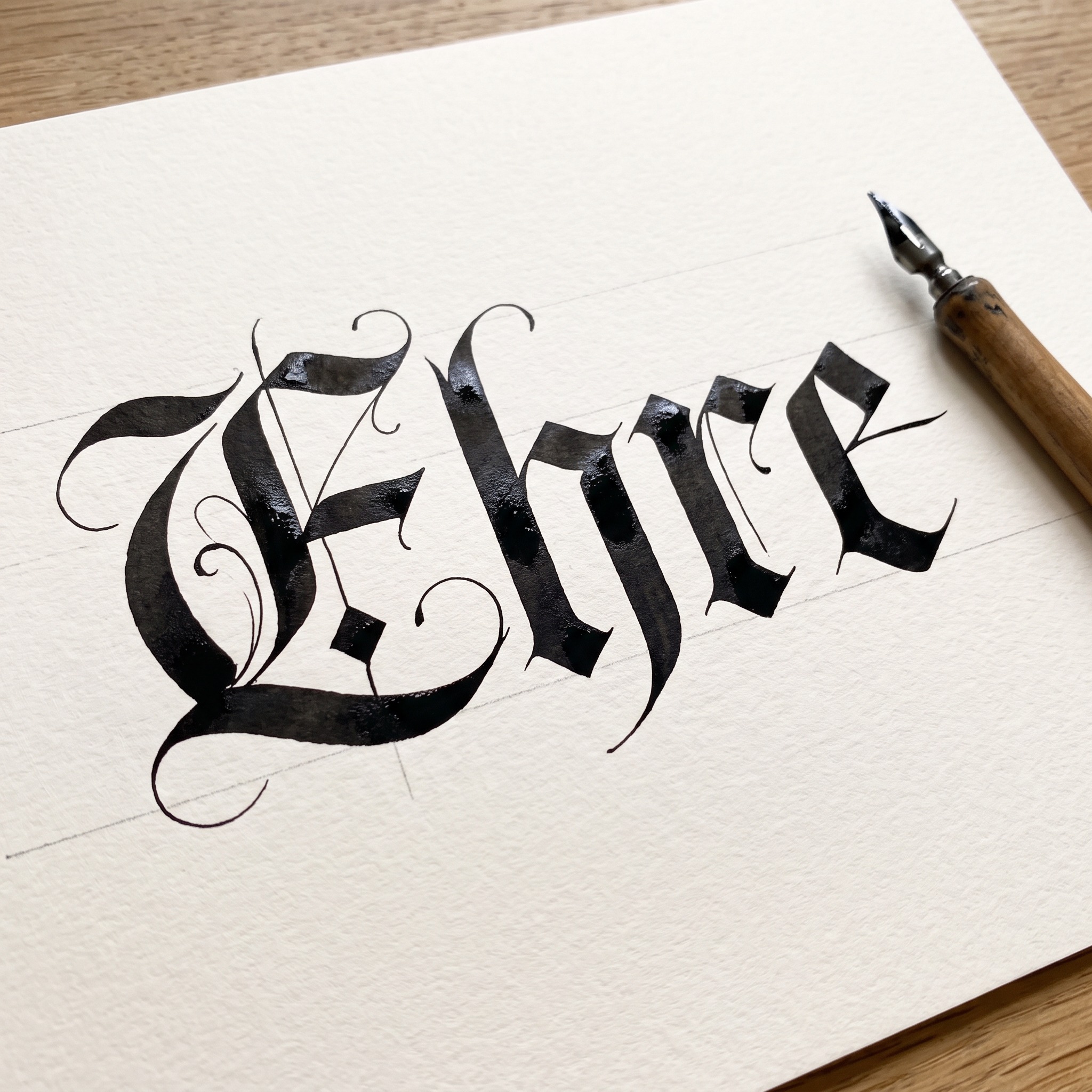 Gotische Kalligraphie KI-Schrift, erstellt mit Nano Banana: das Wort Ehre
