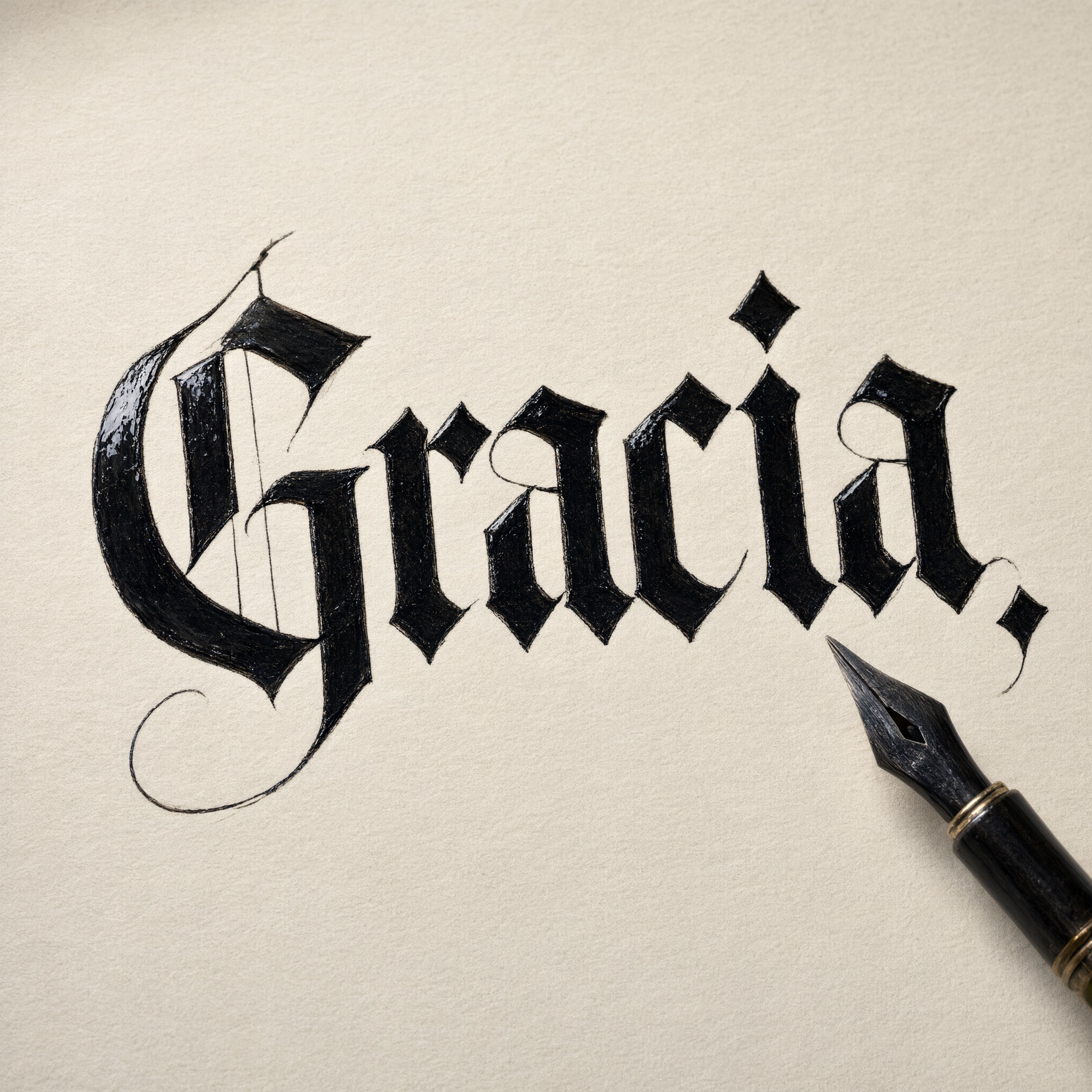 Fuente de IA Caligrafía gótica generada con Qwen-Image: la palabra Gracia