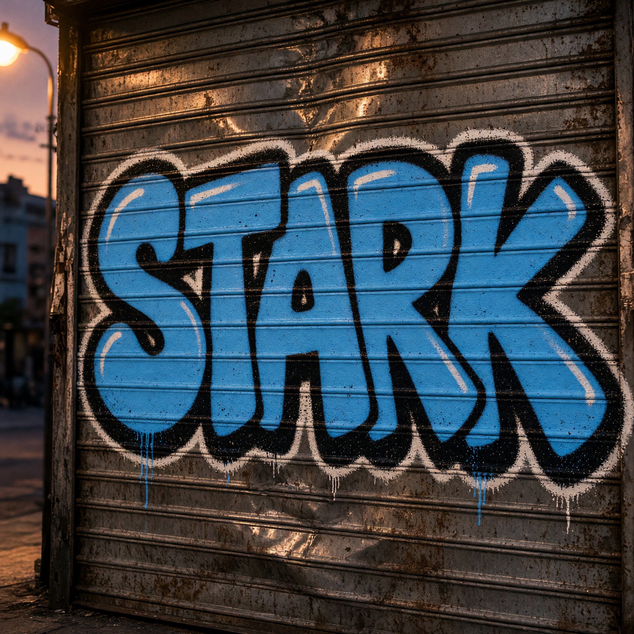 Bubble-Graffiti KI-Schrift, erstellt mit Grok Imagine: das Wort STARK
