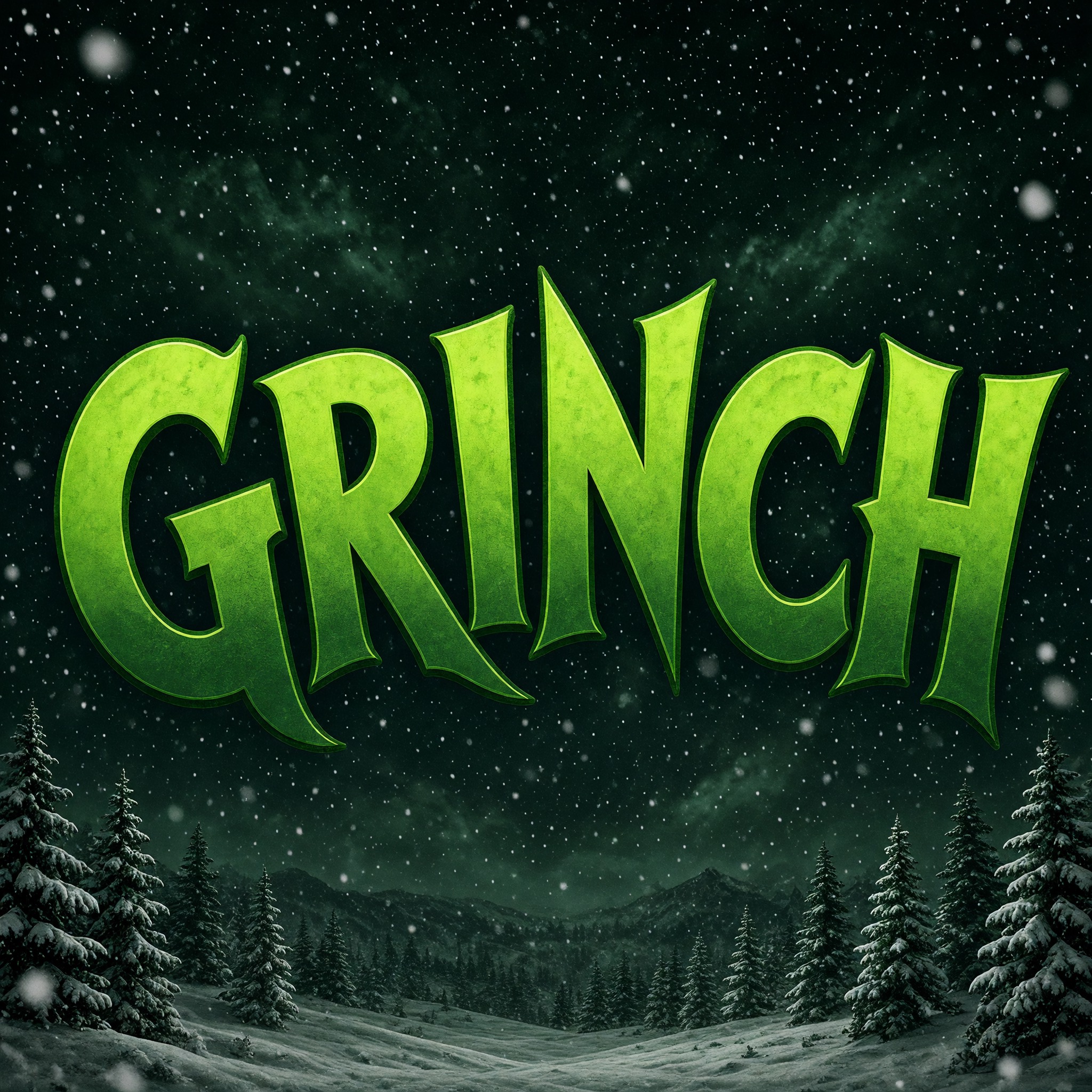 Grinch Schrift KI-Schrift, erstellt mit Grok Imagine: das Wort GRINCH