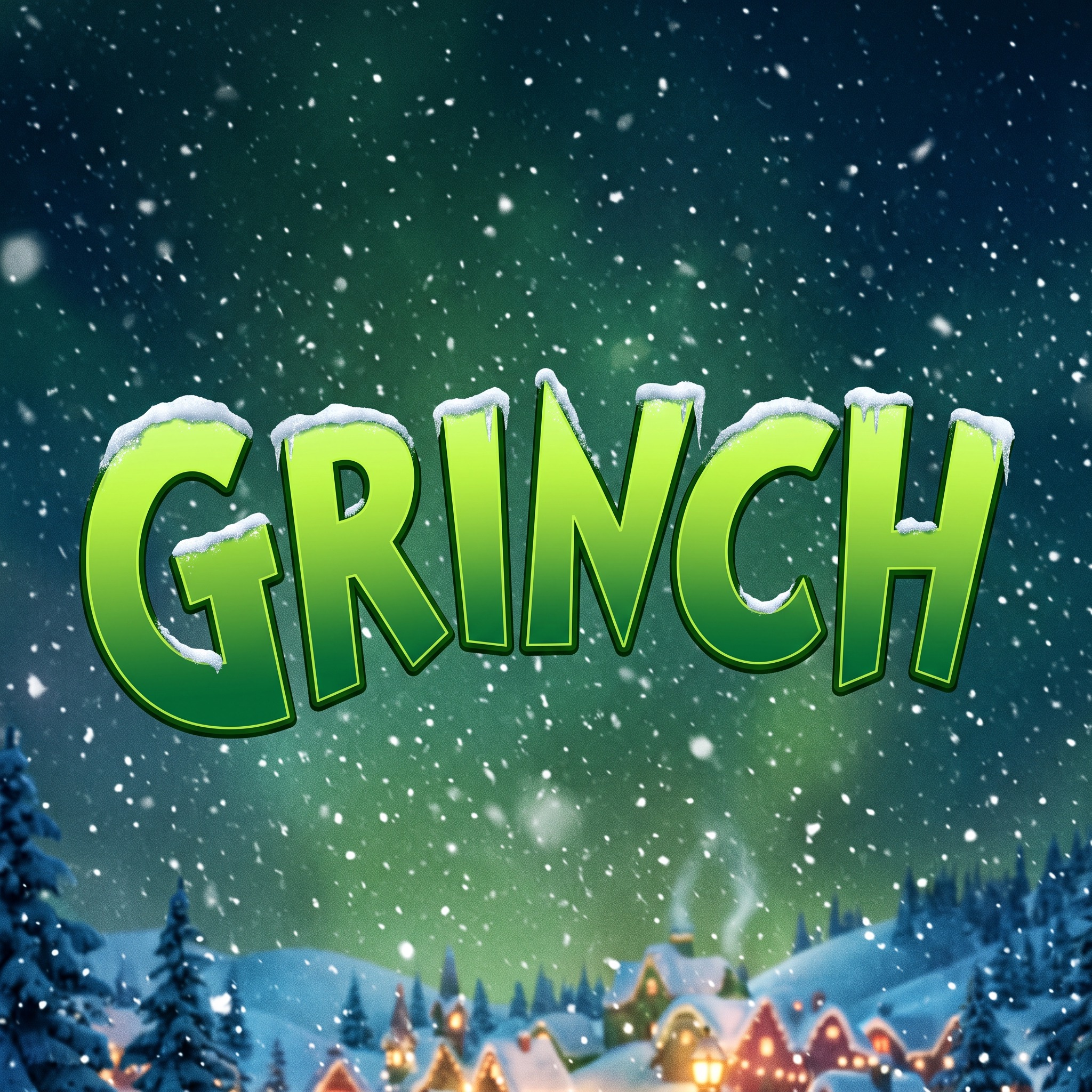 Grinch Schrift KI-Schrift, erstellt mit Nano Banana: das Wort GRINCH