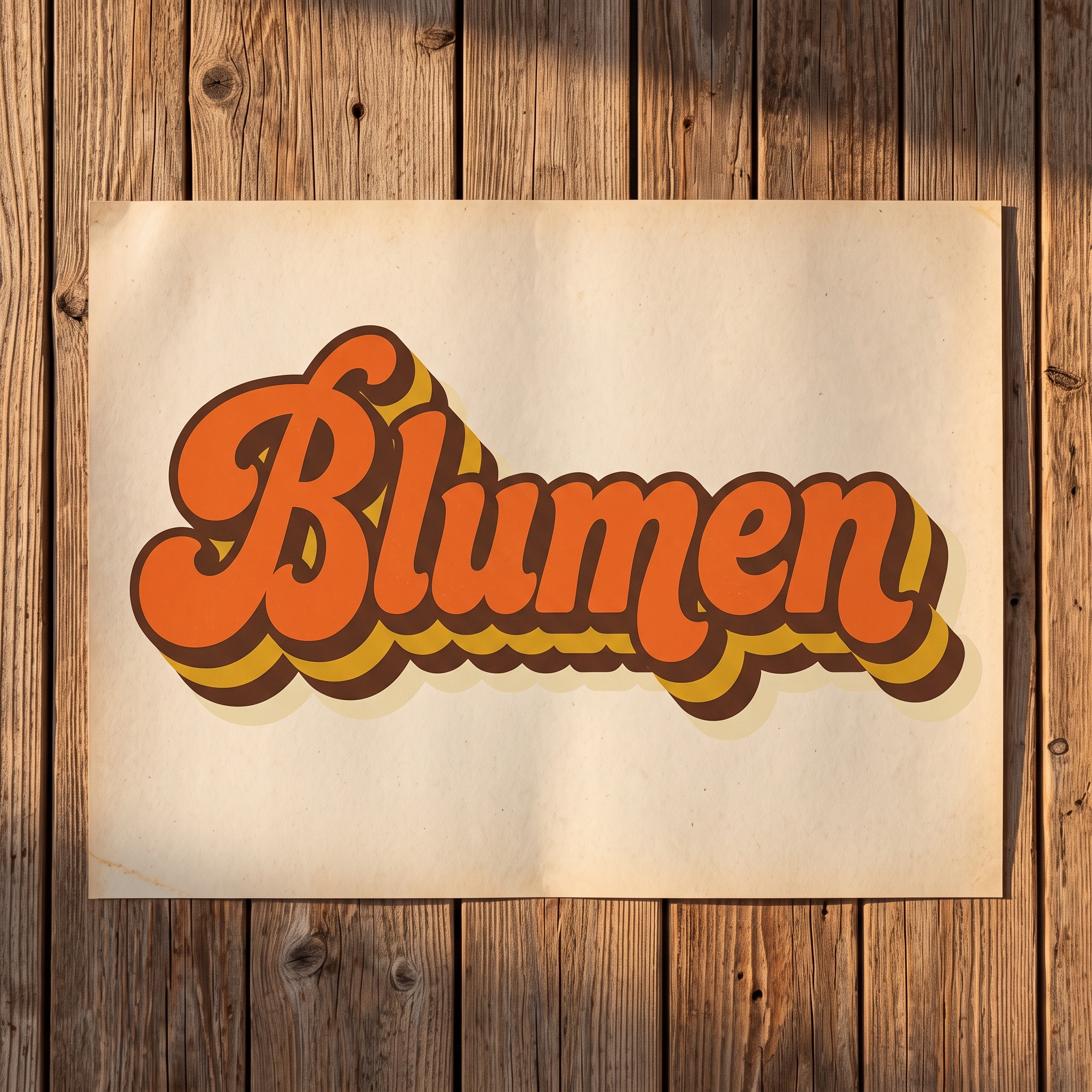 70er Jahre Schrift KI-Schrift, erstellt mit Nano Banana: das Wort Blumen