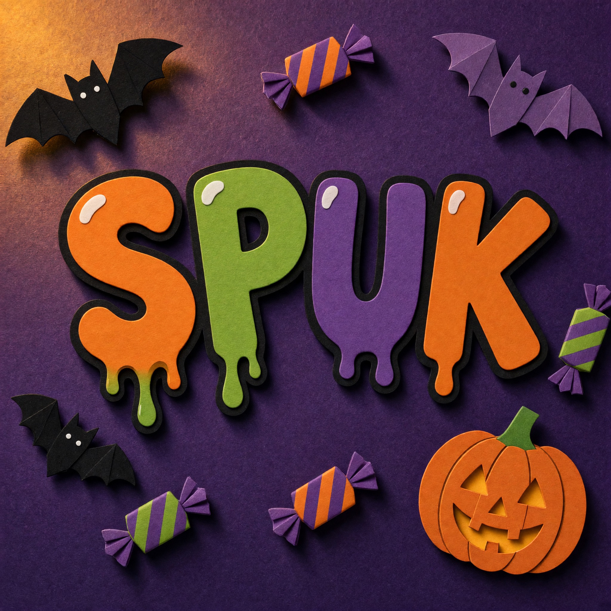 Halloween-Bubble-Letters KI-Schrift, erstellt mit Grok Imagine: das Wort SPUK