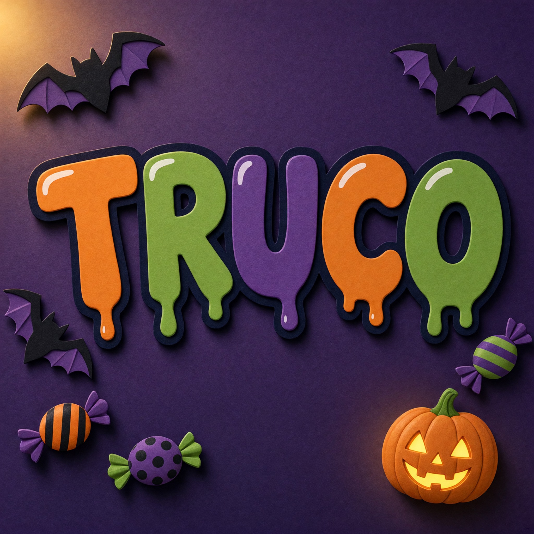 Fuente de IA Letras burbuja de Halloween generada con Grok Imagine: la palabra TRUCO