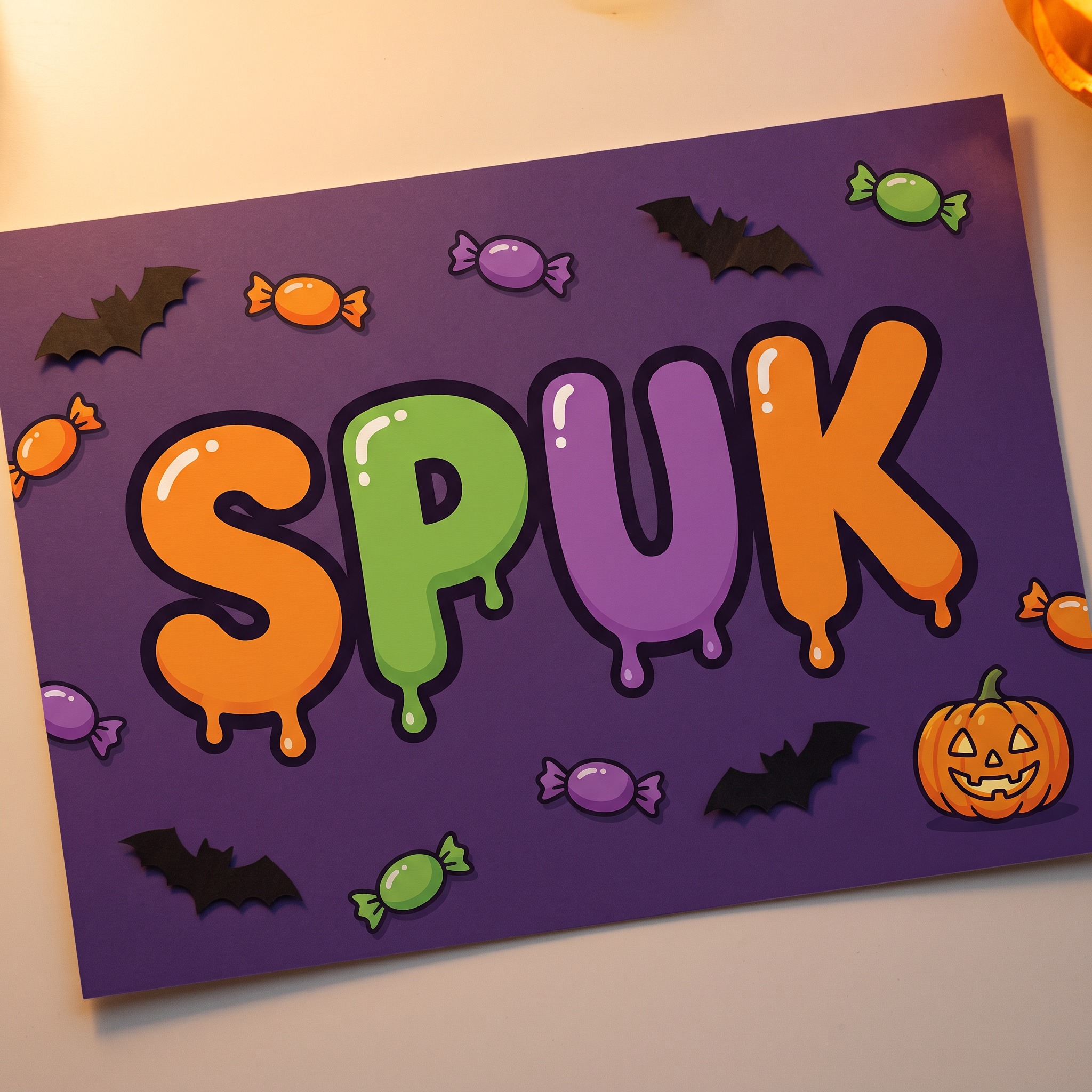 Halloween-Bubble-Letters KI-Schrift, erstellt mit Nano Banana: das Wort SPUK