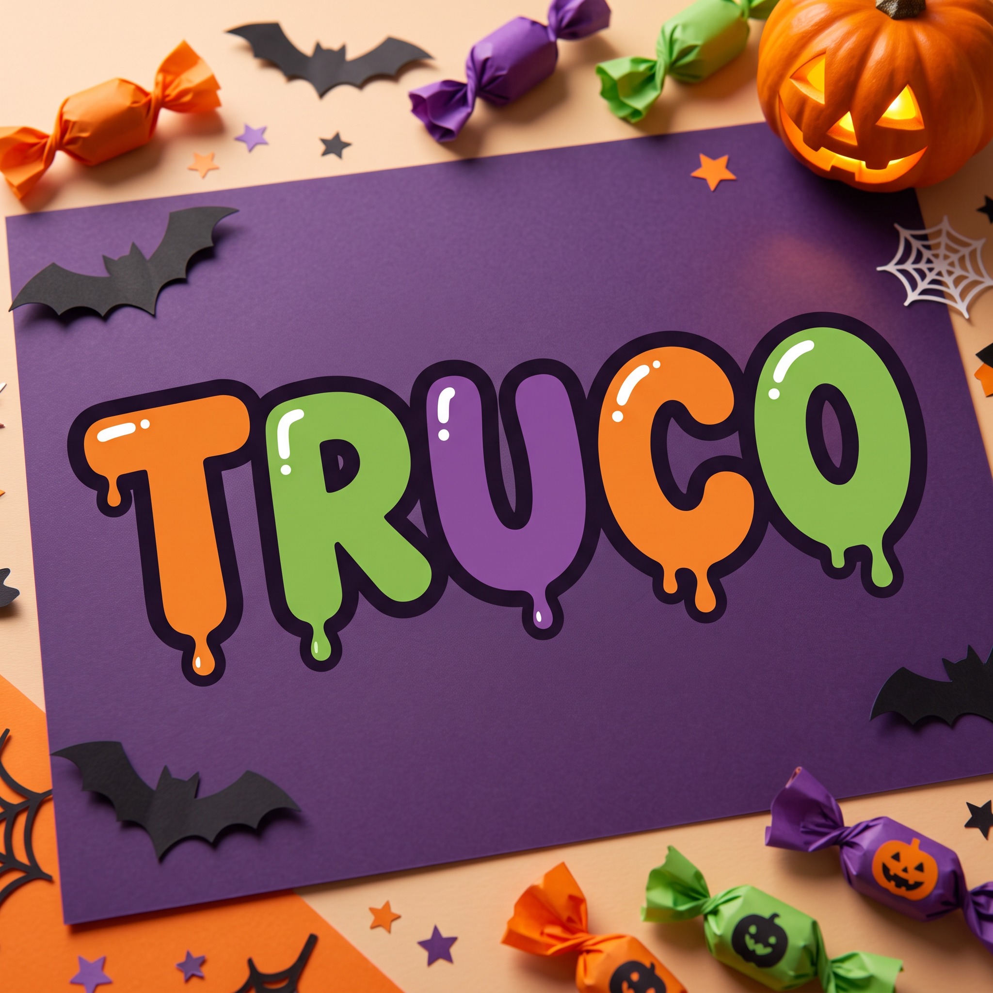 Fuente de IA Letras burbuja de Halloween generada con Nano Banana: la palabra TRUCO