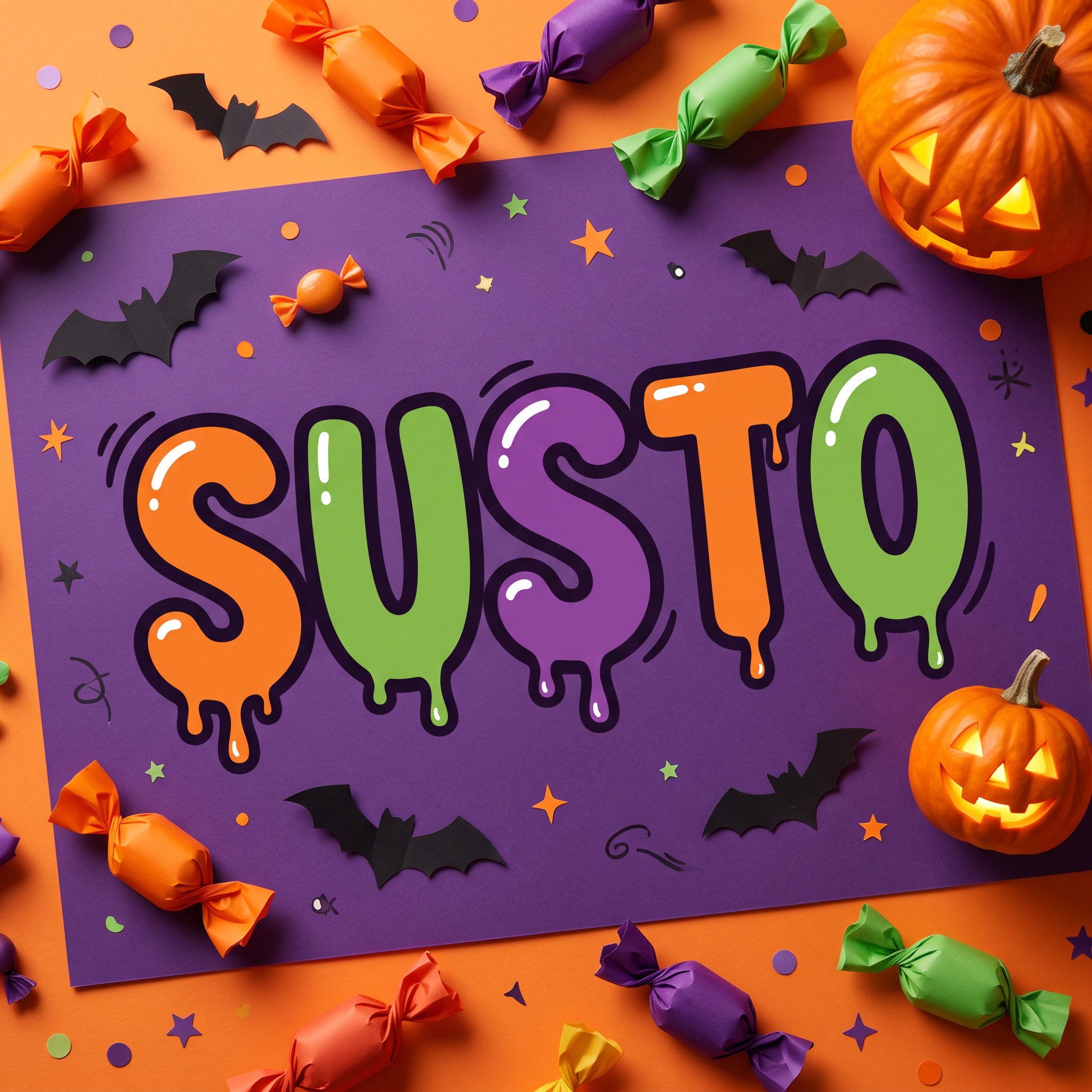 Fonte de IA Letras bolha de Halloween gerada no Nano Banana: a palavra SUSTO