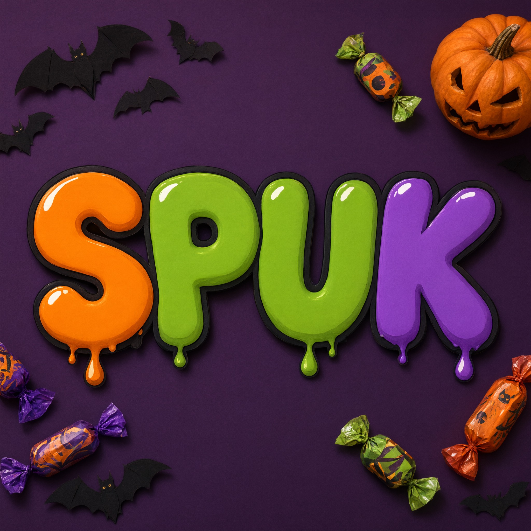 Halloween-Bubble-Letters KI-Schrift, erstellt mit Qwen-Image: das Wort SPUK