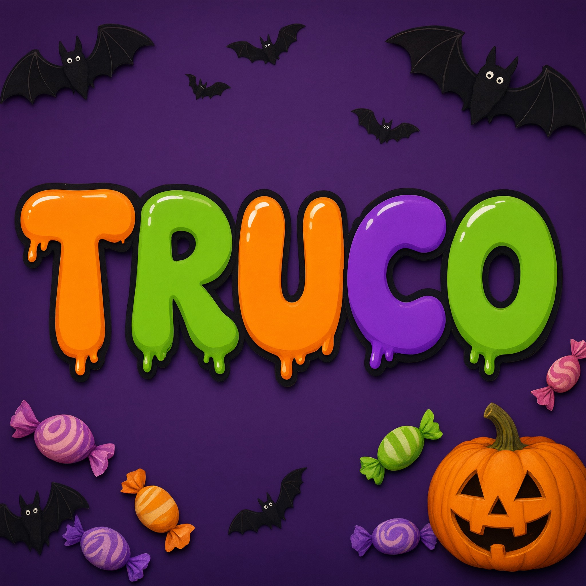 Fuente de IA Letras burbuja de Halloween generada con Qwen-Image: la palabra TRUCO