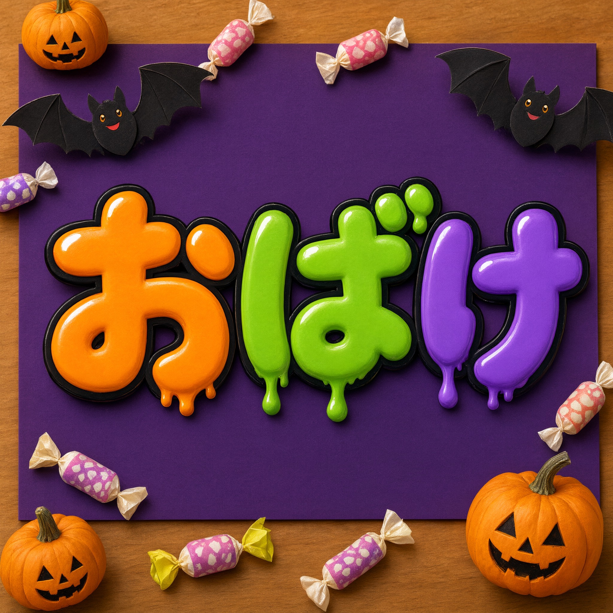 Qwen-Image で生成した ハロウィンのバブル文字 AIフォント：文字「おばけ」