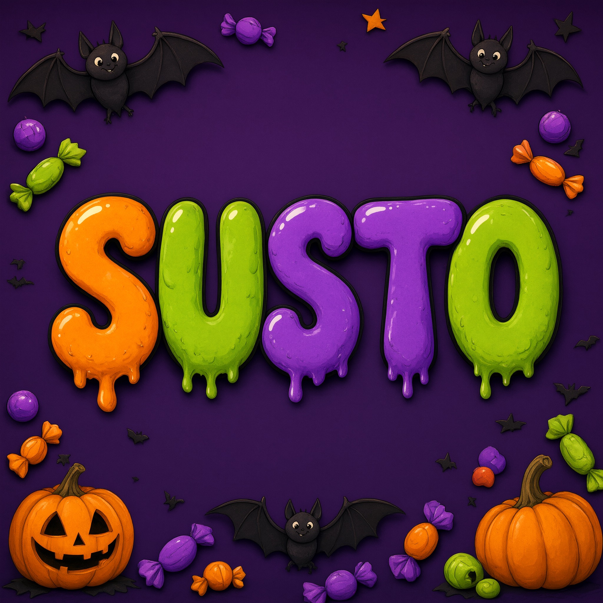 Fonte de IA Letras bolha de Halloween gerada no Qwen-Image: a palavra SUSTO