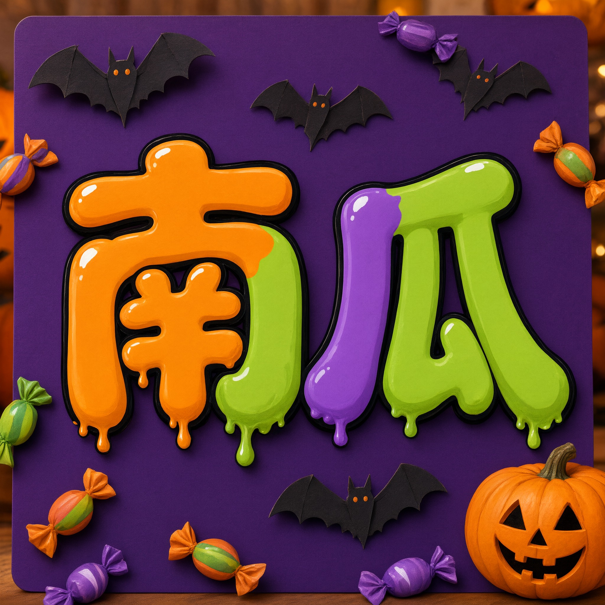 万圣节泡泡字 AI 字体在 Qwen-Image 上的生成结果：文字 南瓜