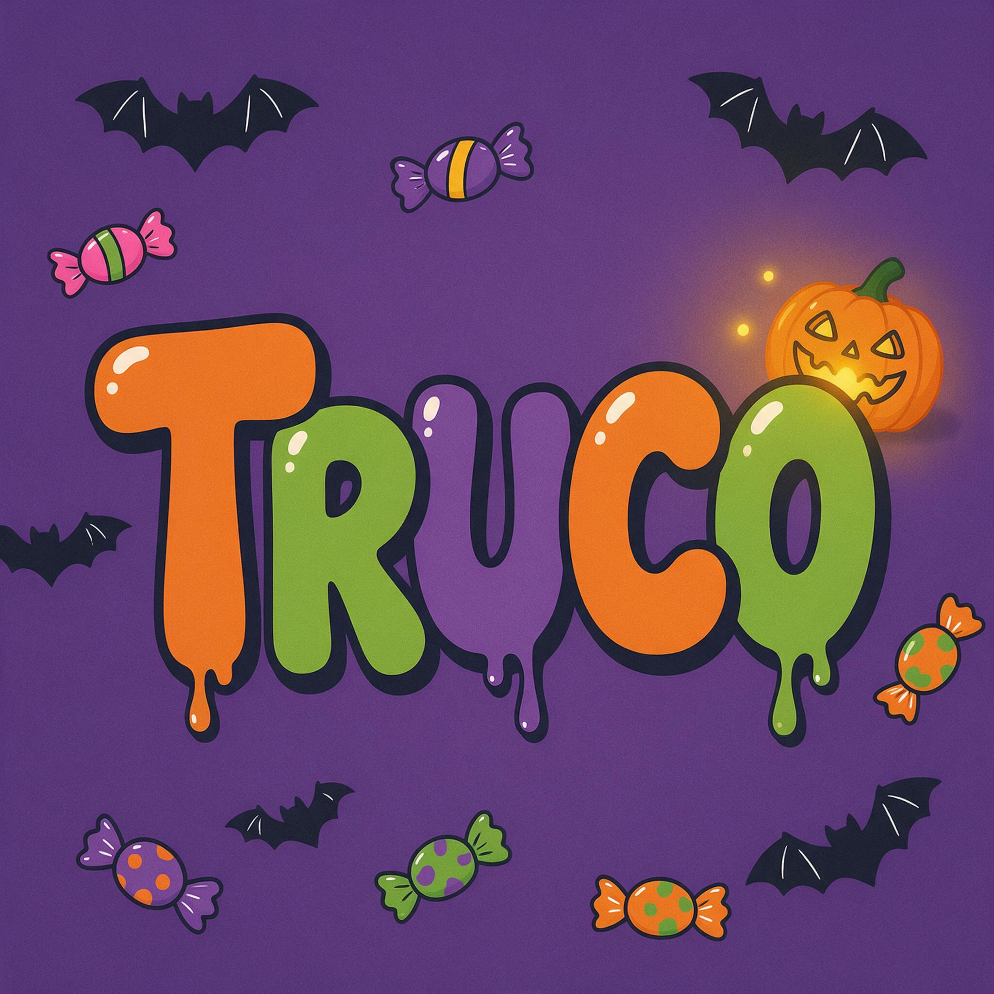 Fuente de IA Letras burbuja de Halloween generada con Seedream: la palabra TRUCO