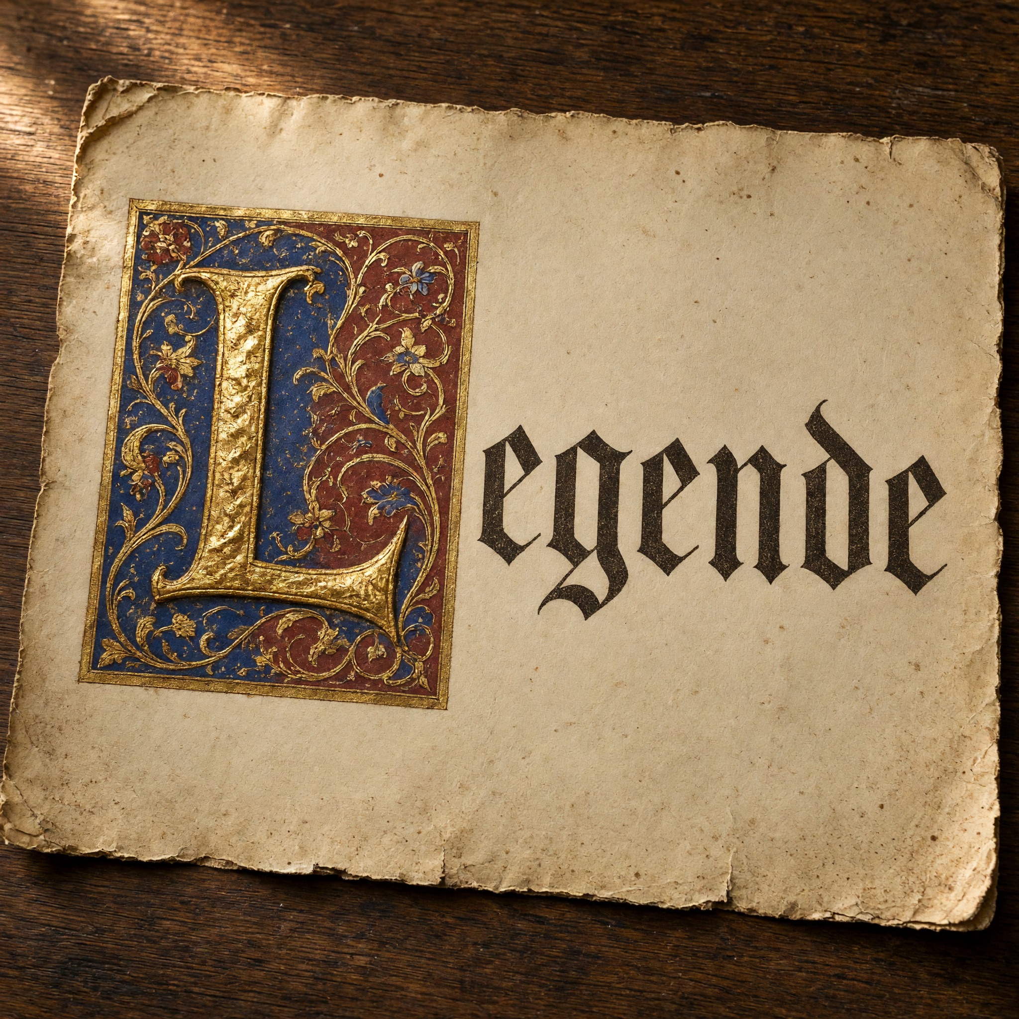 Verzierte Initialen KI-Schrift, erstellt mit Grok Imagine: das Wort Legende
