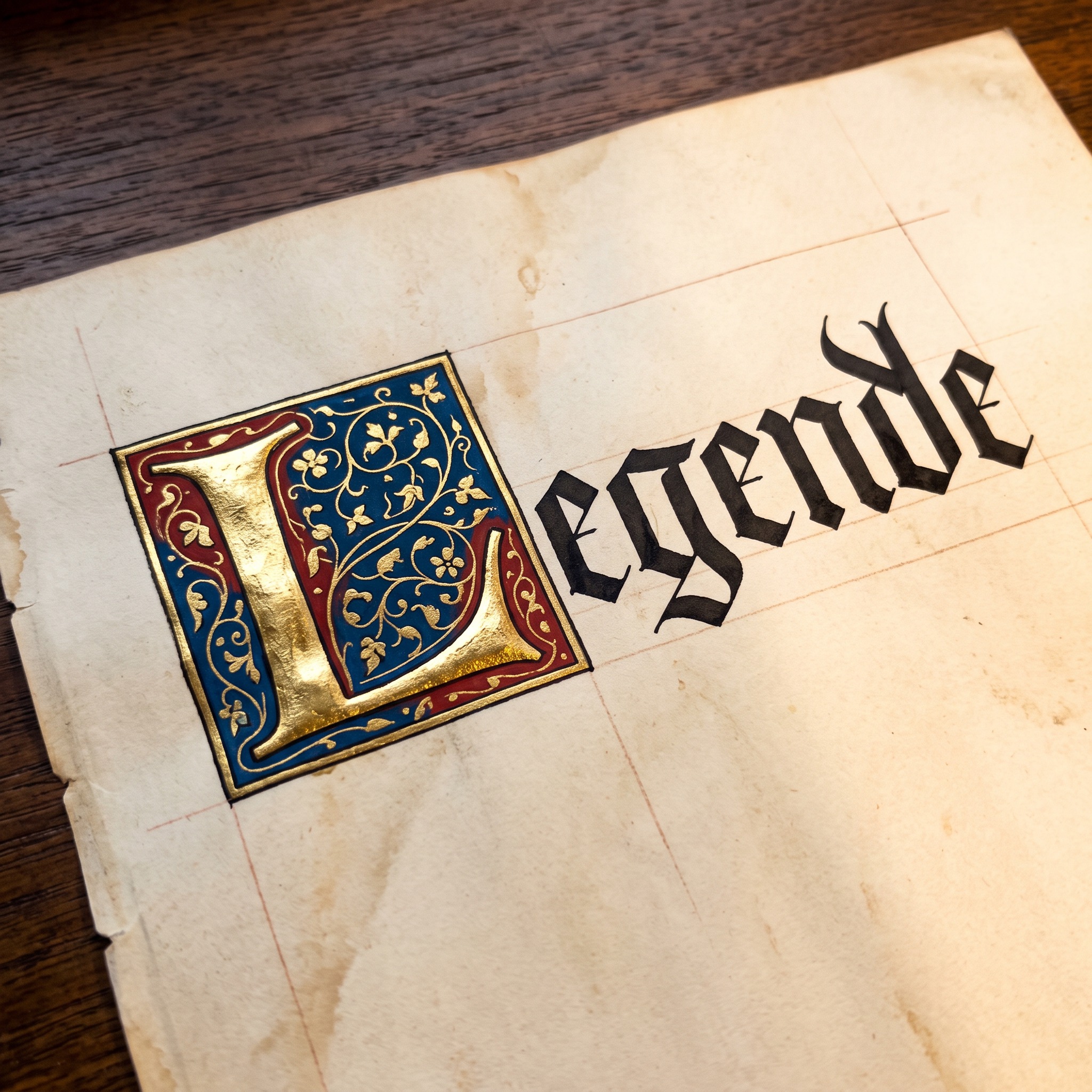 Verzierte Initialen KI-Schrift, erstellt mit Nano Banana: das Wort Legende