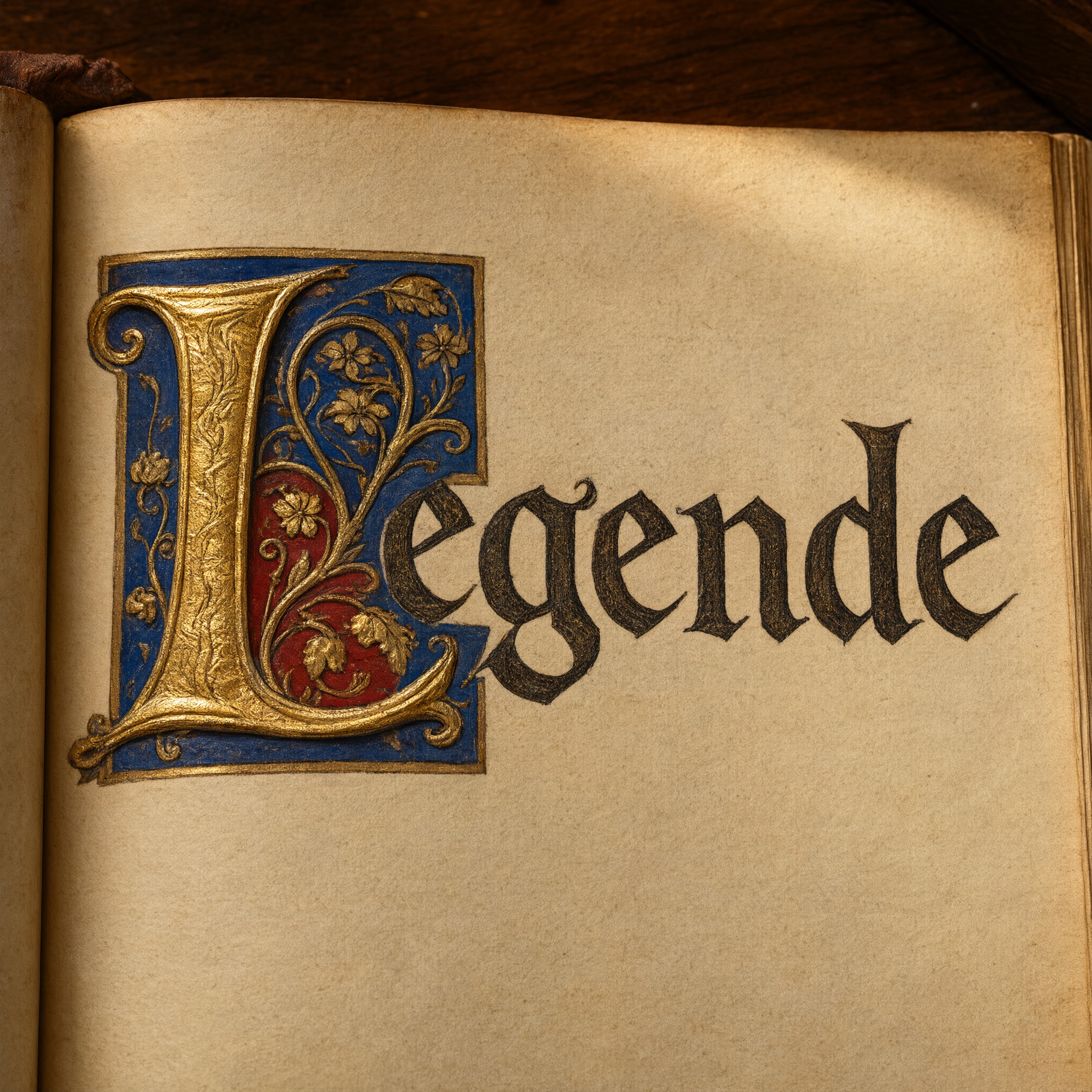 Verzierte Initialen KI-Schrift, erstellt mit Qwen-Image: das Wort Legende