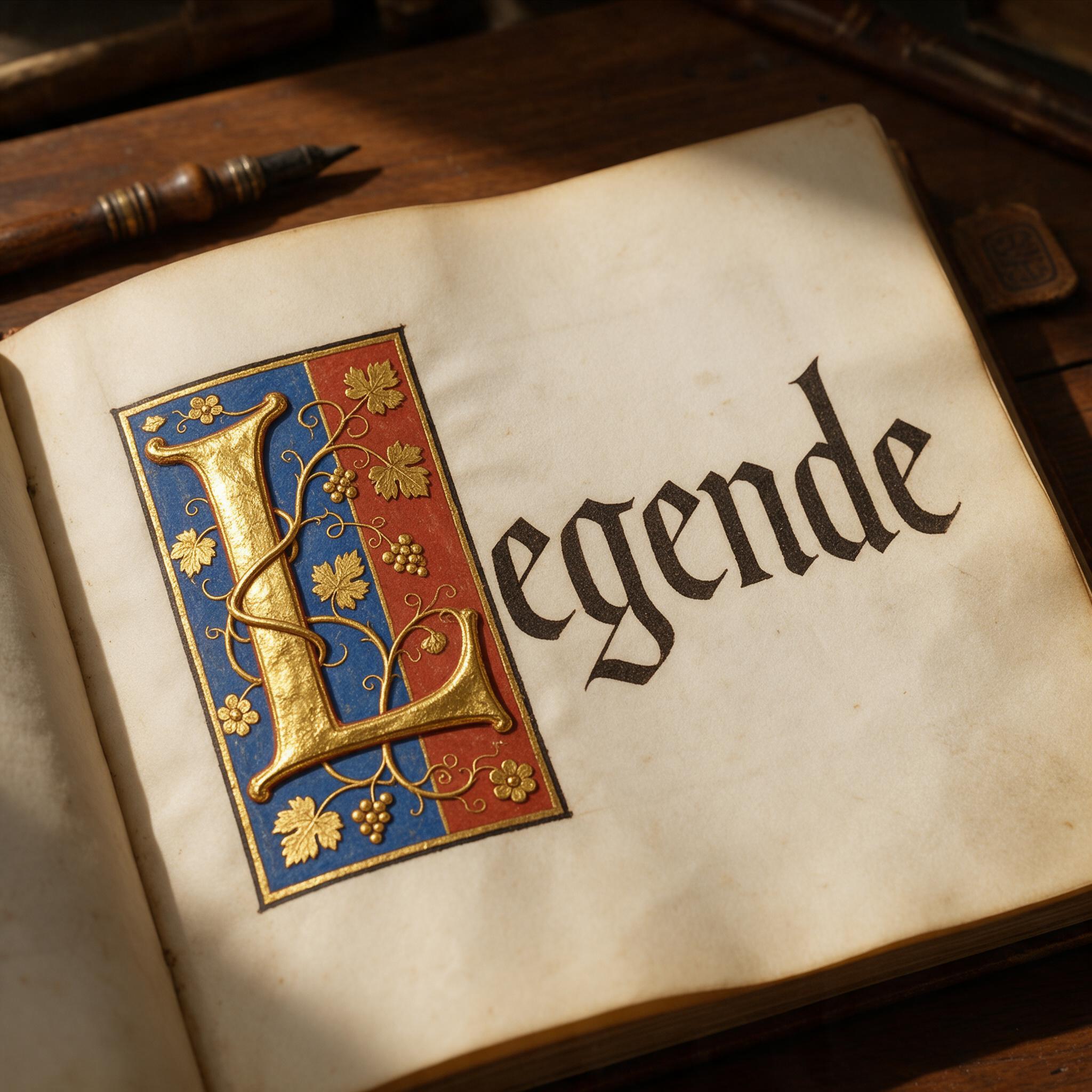 Verzierte Initialen KI-Schrift, erstellt mit Seedream: das Wort Legende