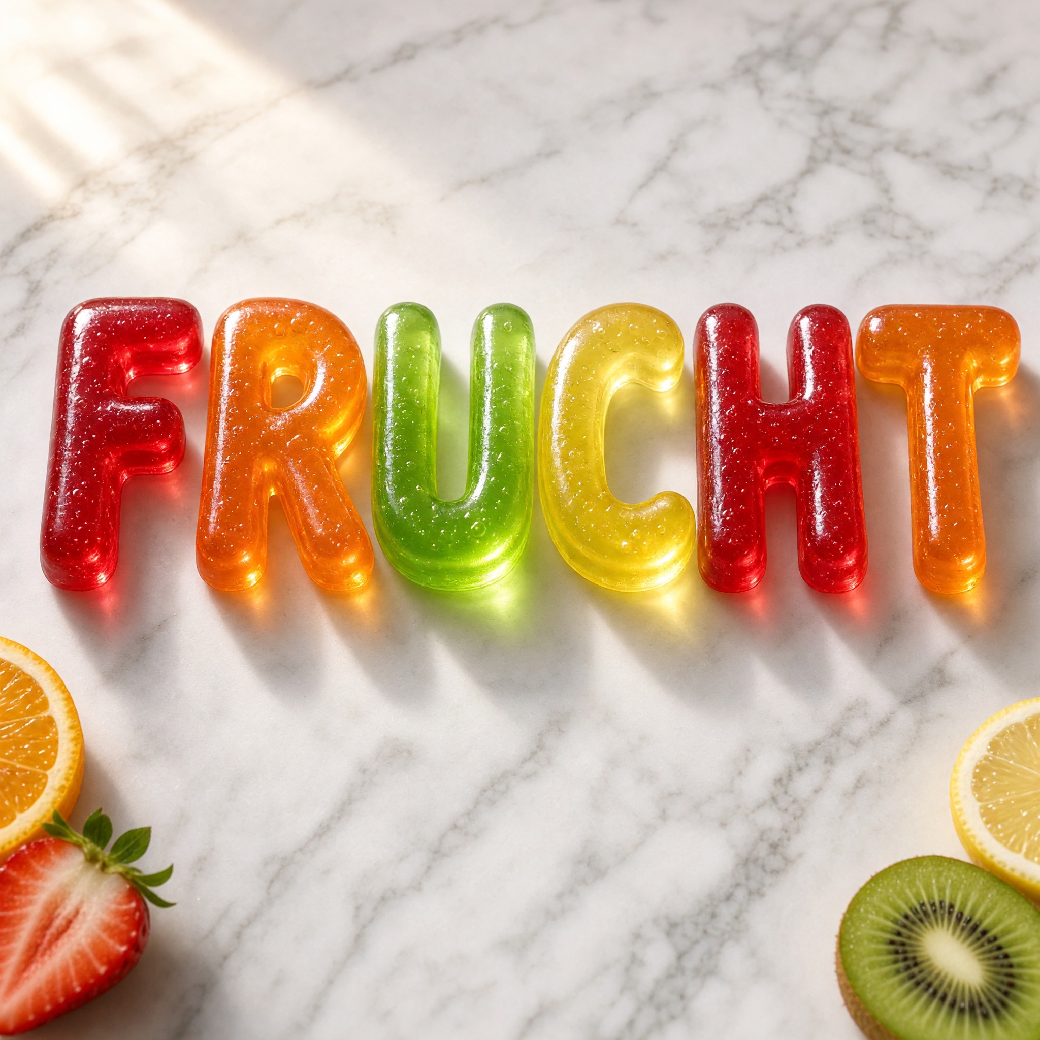 Fruchtgummi-Schrift KI-Schrift, erstellt mit Grok Imagine: das Wort FRUCHT